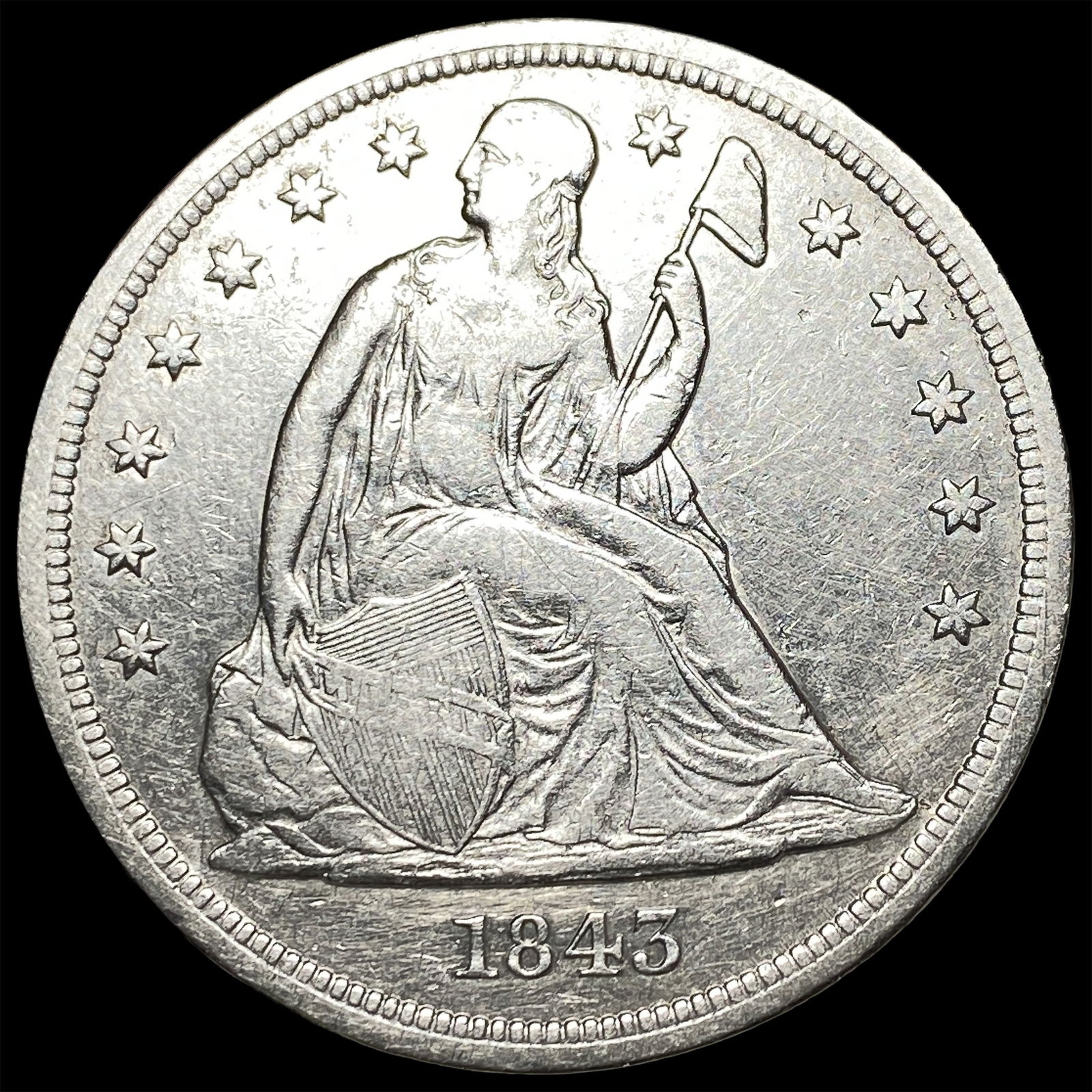 1843 Seated Liberty Silver Dollar ABOUT UNCIRCULATED: 1843 Seated Liberty Silver Dollar ABOUT UNCIRCULATED