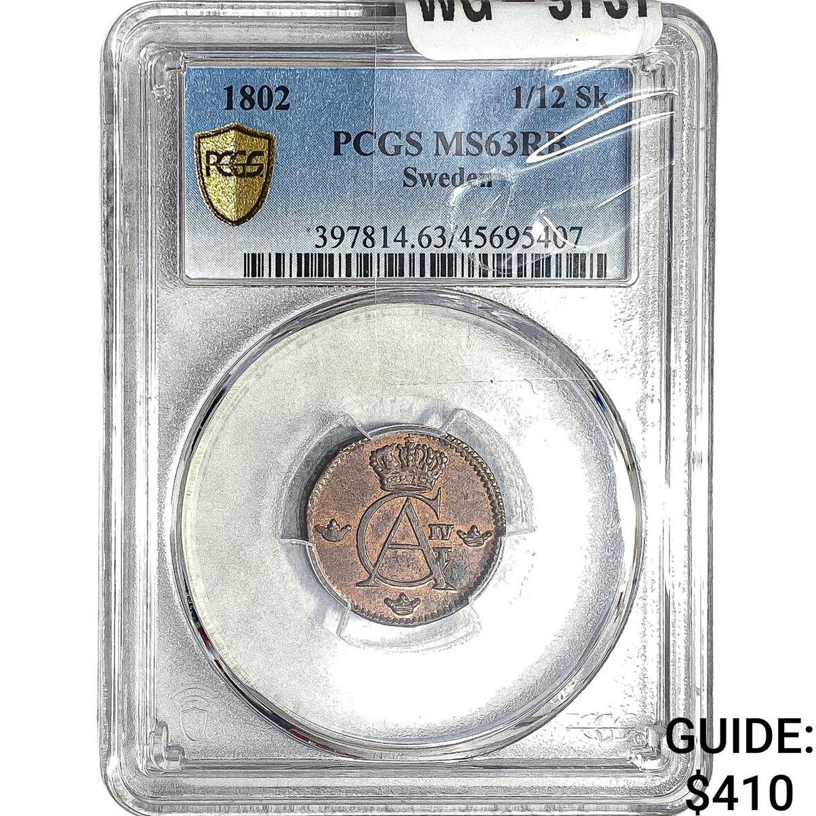 1802 Sweden Copper 1/12 Skilling PCGS MS63 RB: 1802 Sweden Copper 1/12 Skilling PCGS MS63 RB