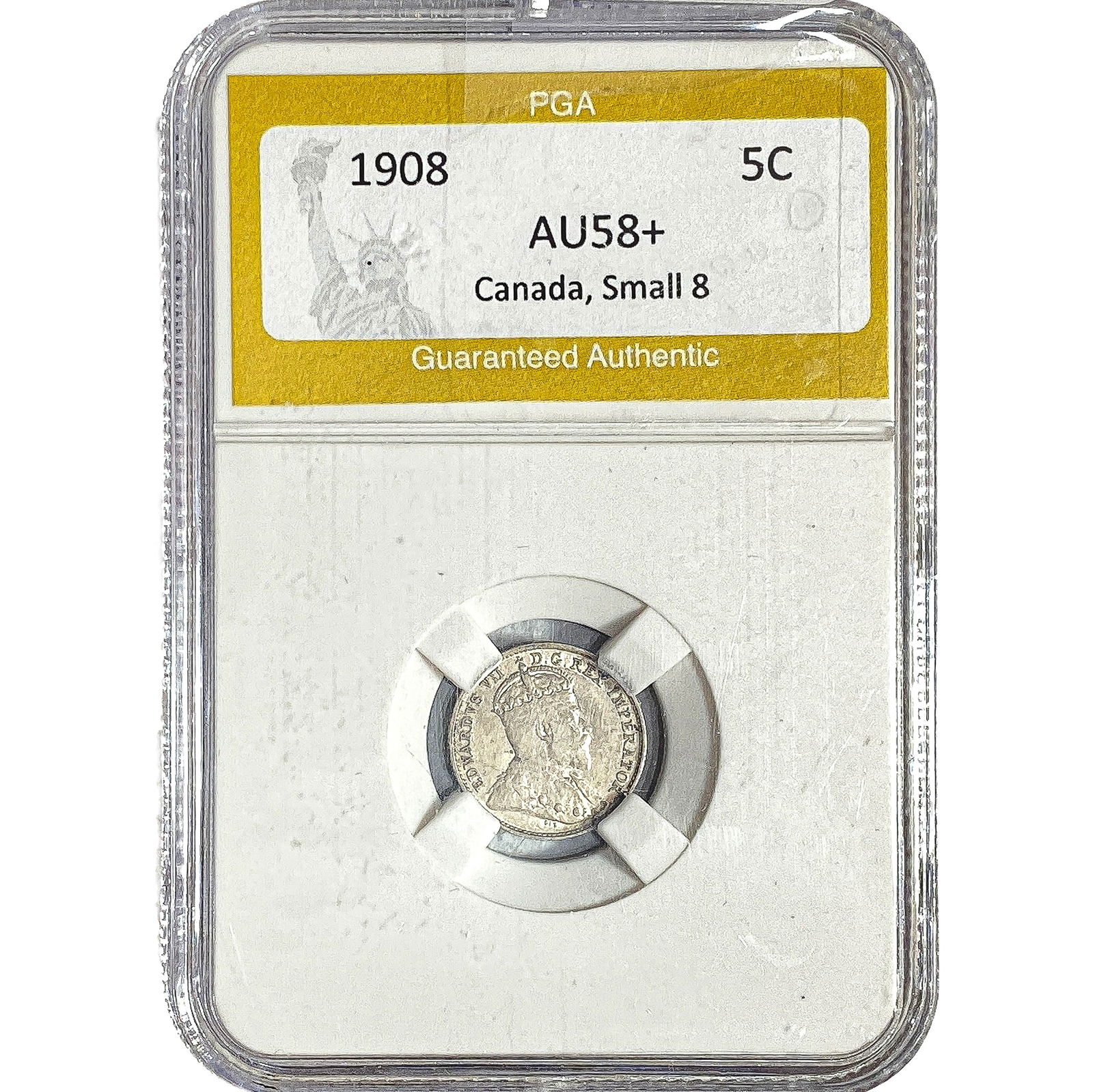 1908 Canada 5 Cents PGA AU58+ Small 8: 1908 Canada 5 Cents PGA AU58+ Small 8