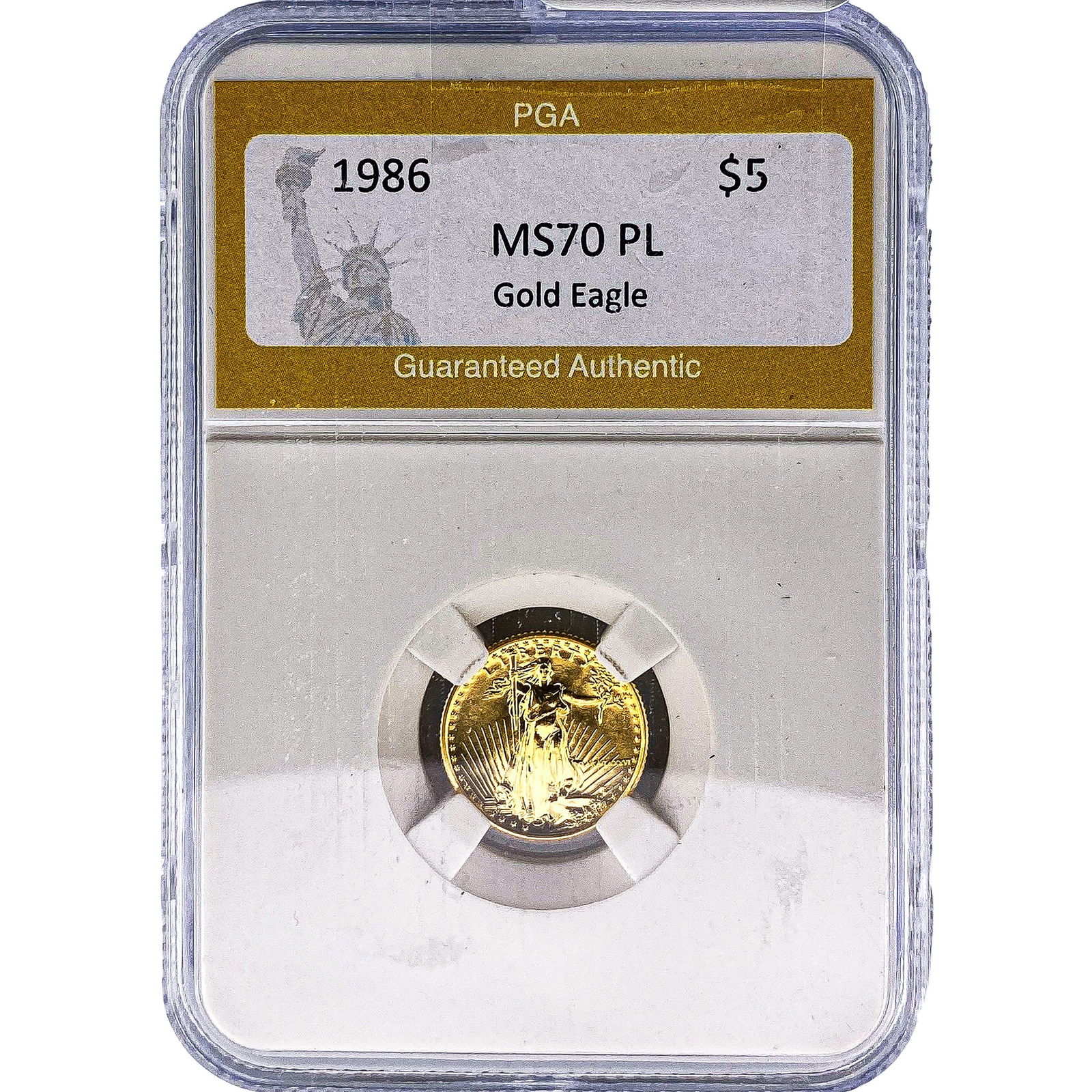 1986 1/10oz $5 Gold Eagle PGA MS70 PL: 1986 1/10oz $5 Gold Eagle PGA MS70 PL