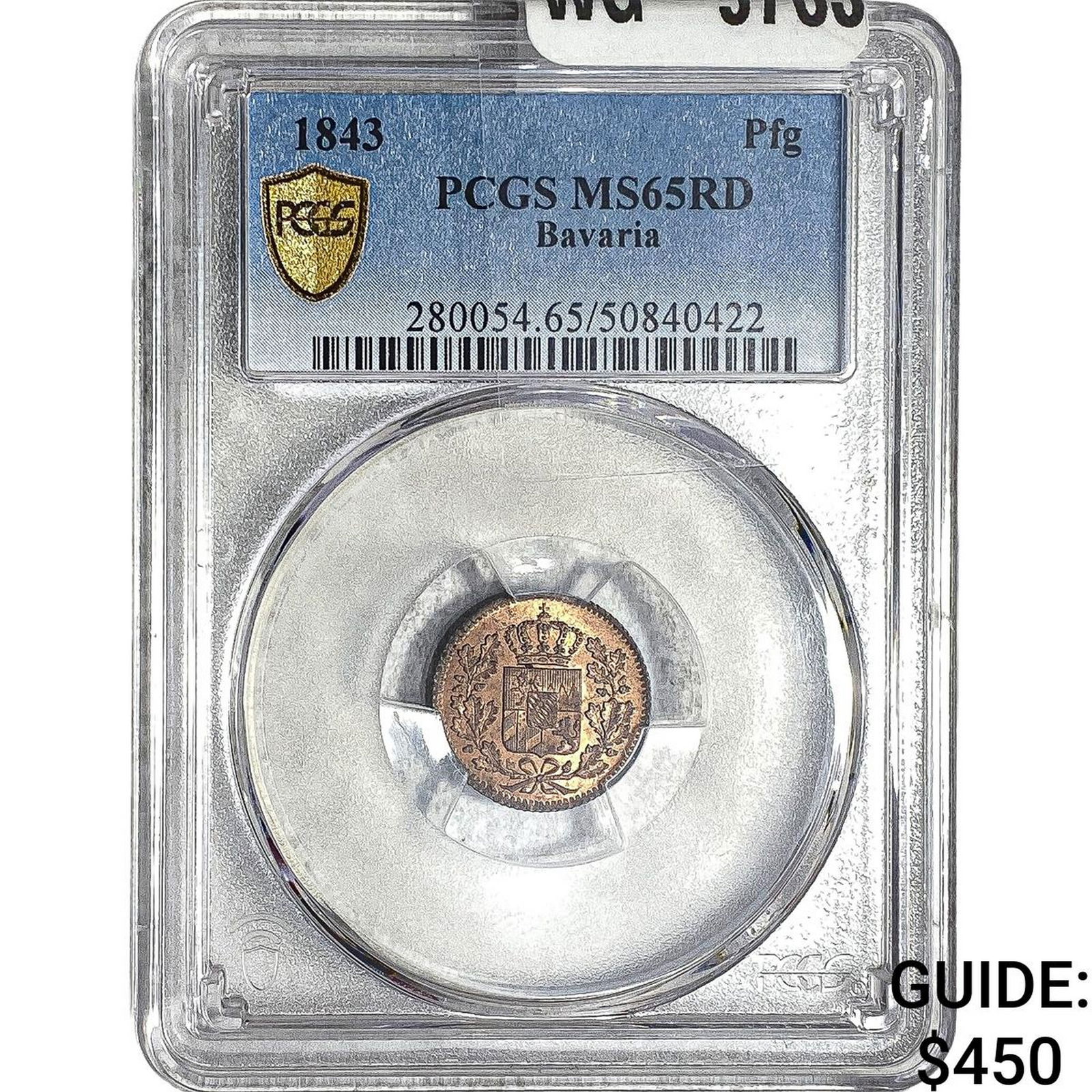 1843 Bavaria 1 Copper Pfennig PCGS MS65 RD: 1843 Bavaria 1 Copper Pfennig PCGS MS65 RD