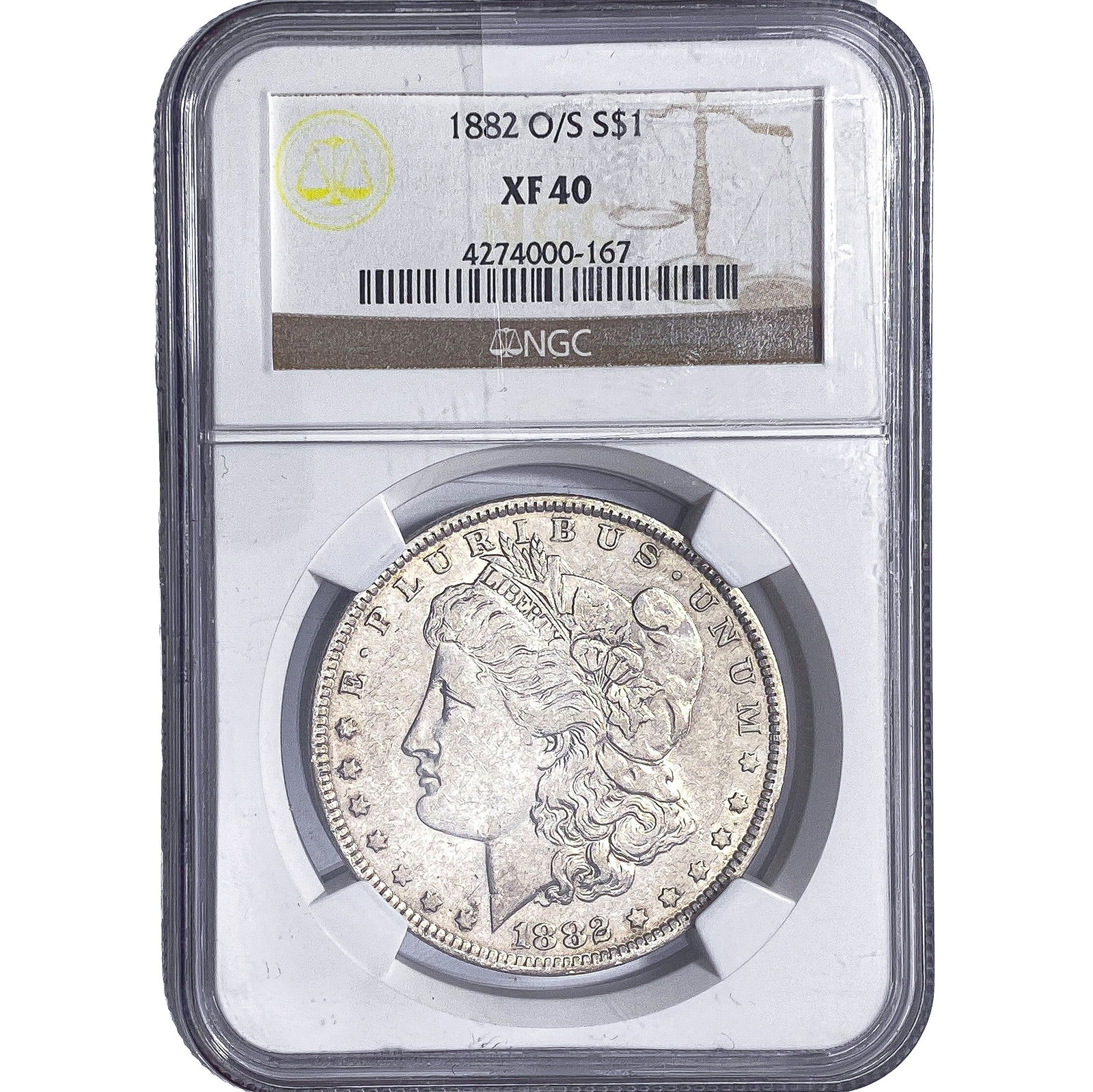 1882-O/S Morgan Silver Dollar NGC XF40: 1882-O/S Morgan Silver Dollar NGC XF40