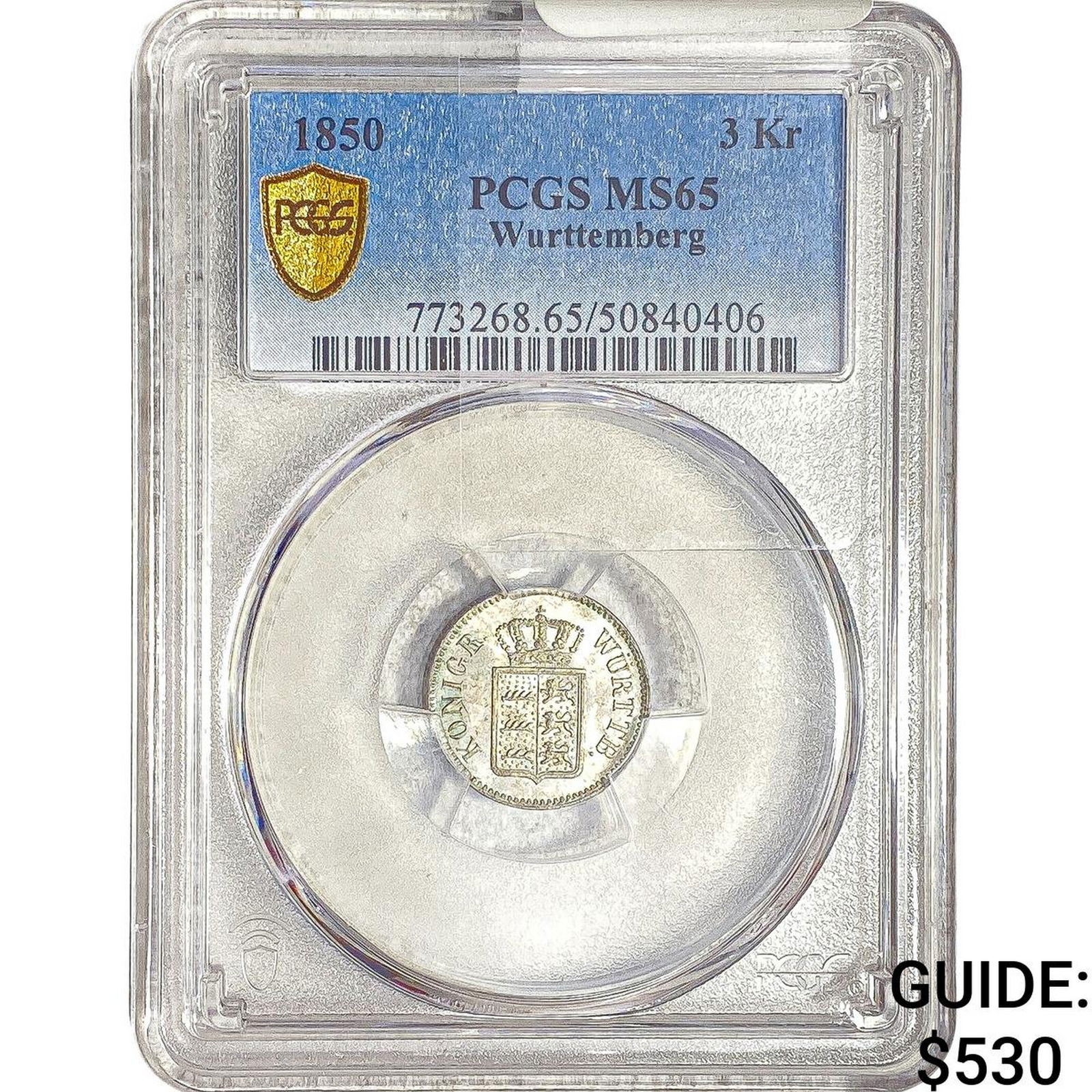 1850 Wurttemberg Silver 3 Kreuzer PCGS MS65: 1850 Wurttemberg Silver 3 Kreuzer PCGS MS65