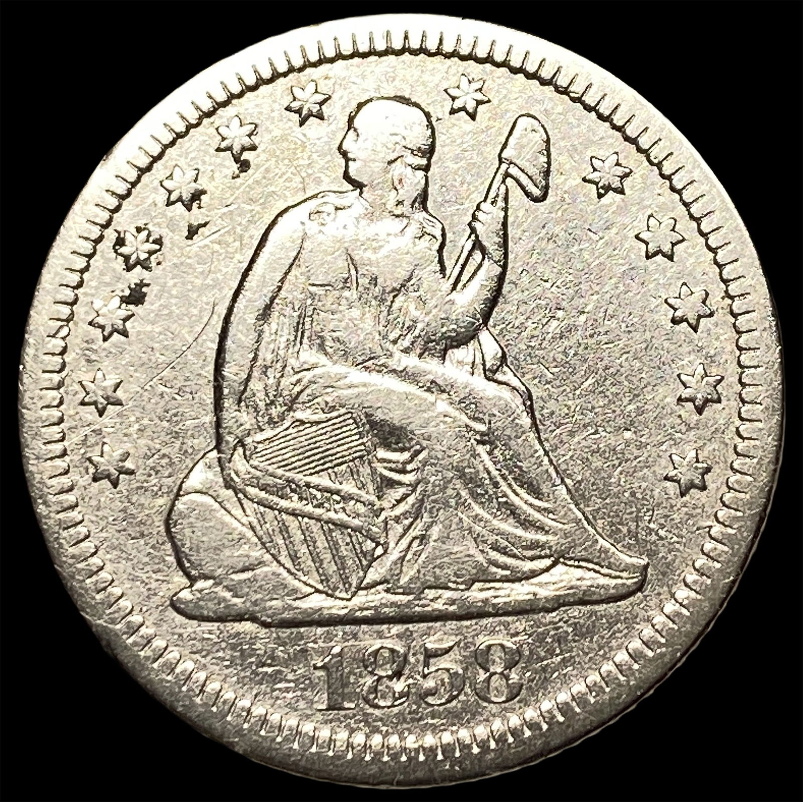 1858-O Silver Seated Liberty Quarter ABOUT UNCIRCULATED: 1858-O Silver Seated Liberty Quarter ABOUT UNCIRCULATED