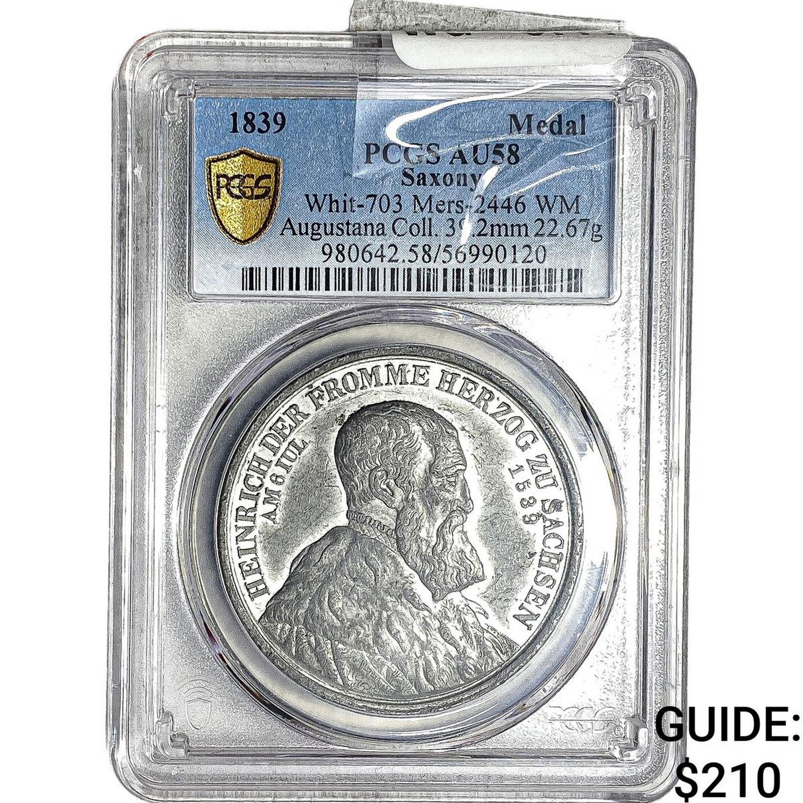 1839 Saxony White Metal Medal PCGS AU58: 1839 Saxony White Metal Medal PCGS AU58