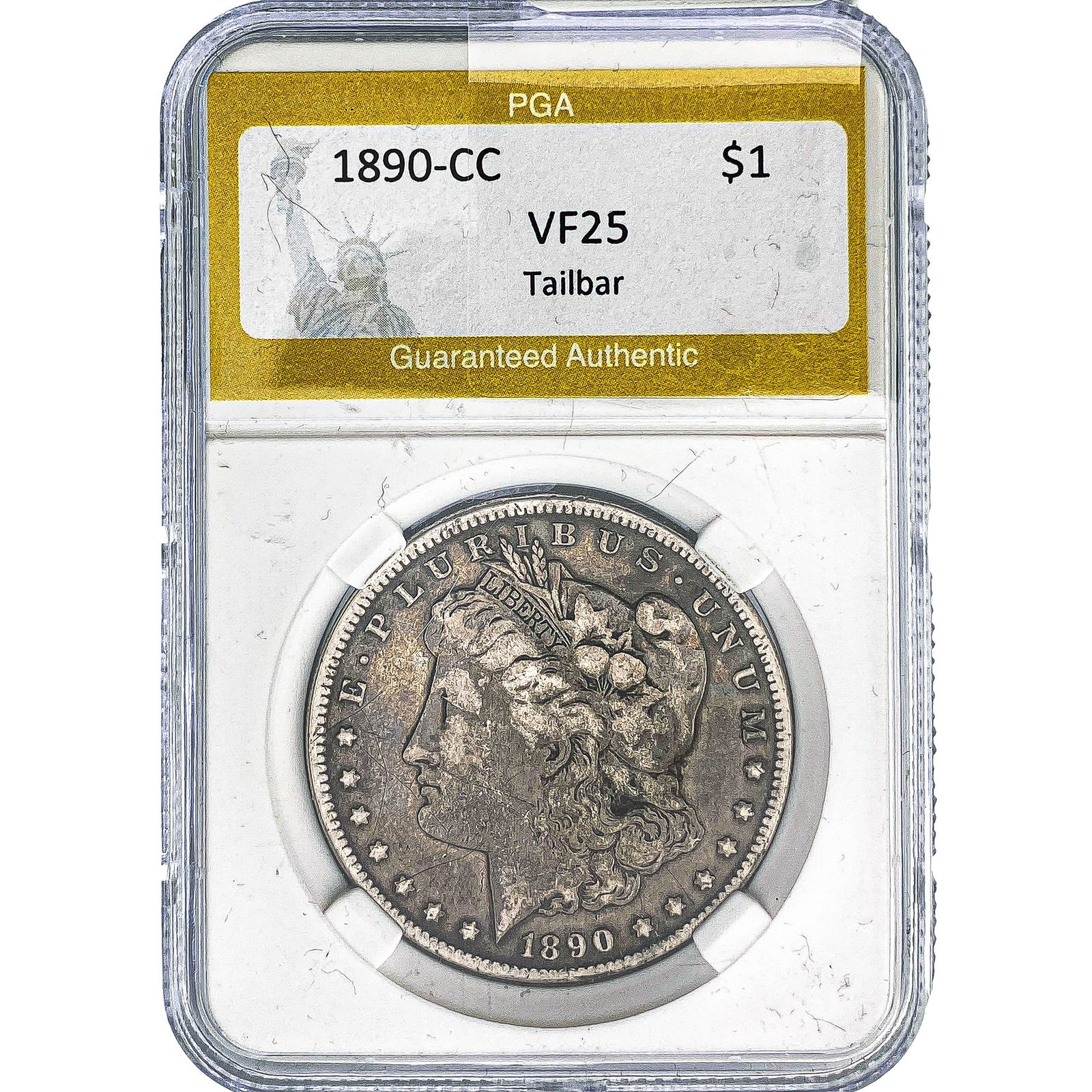 1890-CC Morgan Silver Dollar PGA VF25 Tailbar: 1890-CC Morgan Silver Dollar PGA VF25 Tailbar