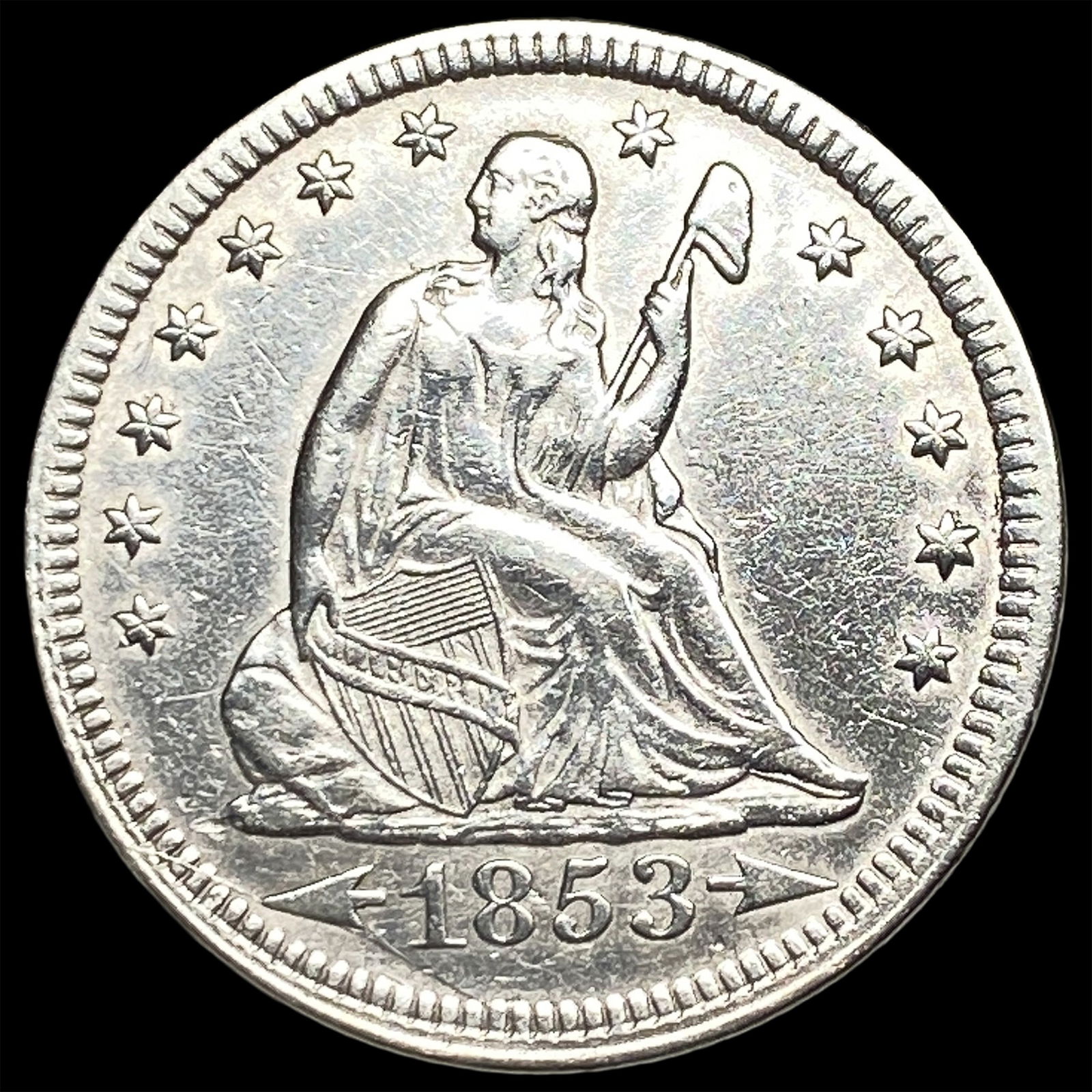 1853 Arrows Seated Liberty Silver Quarter CLOSELY UNCIRCULATED (1 of 2)