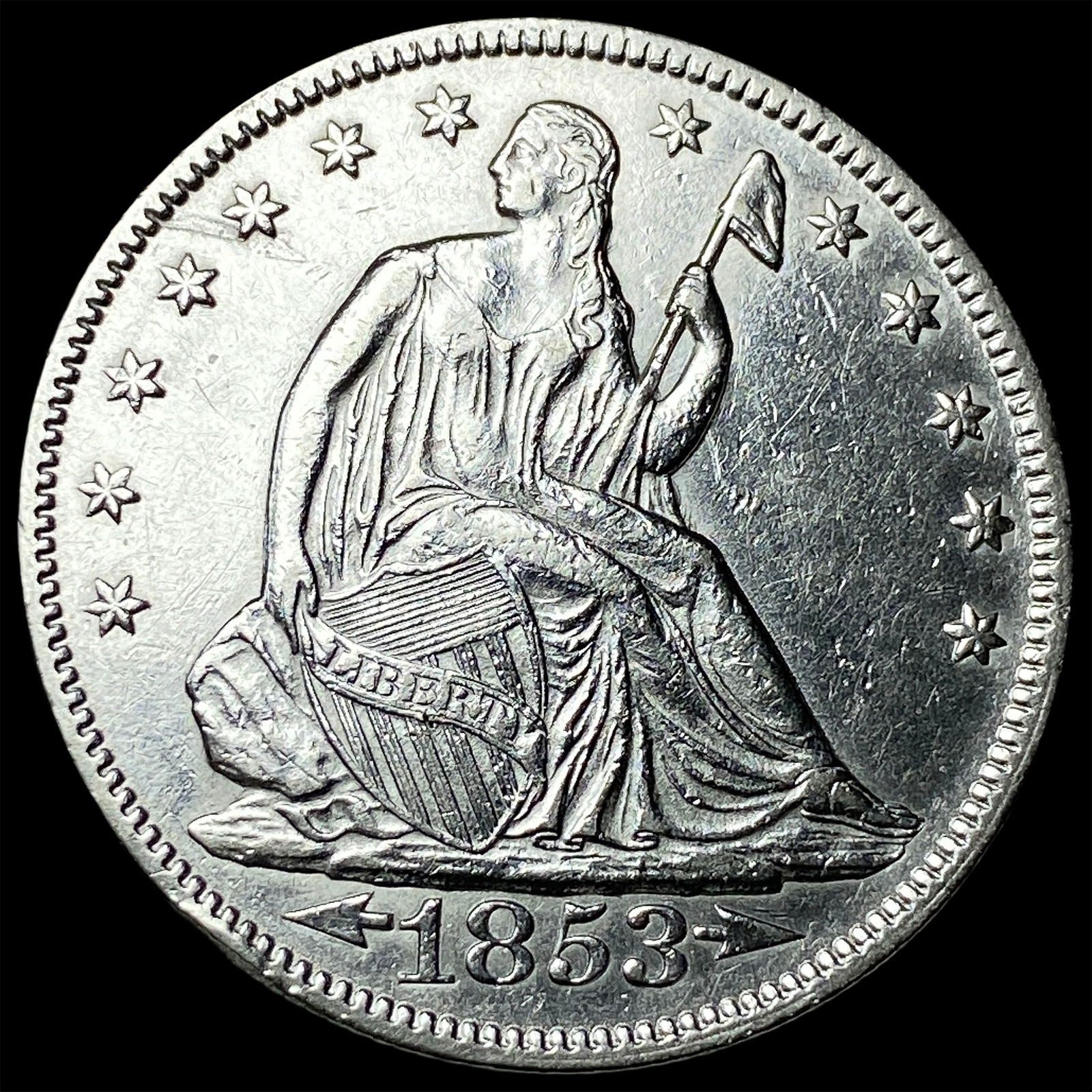 1853 Arrows Seated Liberty Half Dollar CLOSELY UNCIRCULATED: 1853 Arrows Seated Liberty Half Dollar CLOSELY UNCIRCULATED