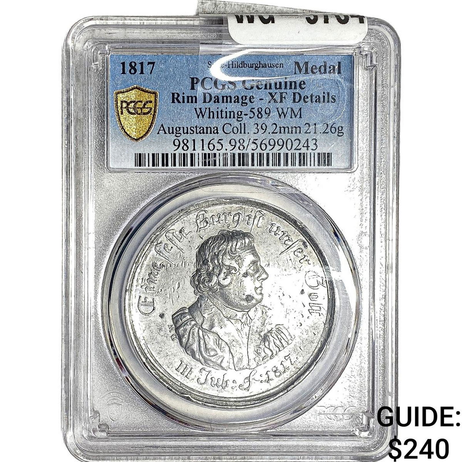 1817 Saxe-Hildburghausen White Metal Medal PCGS XFDetails Rim Damage: 1817 Saxe-Hildburghausen White Metal Medal PCGS XFDetails Rim Damage