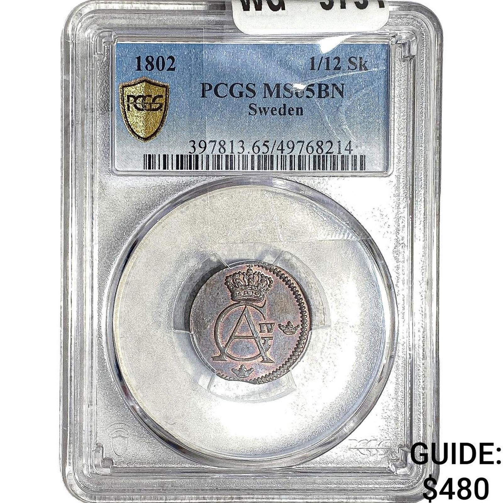 1802 Sweden Copper 1/12 Skilling PCGS MS65 BN: 1802 Sweden Copper 1/12 Skilling PCGS MS65 BN
