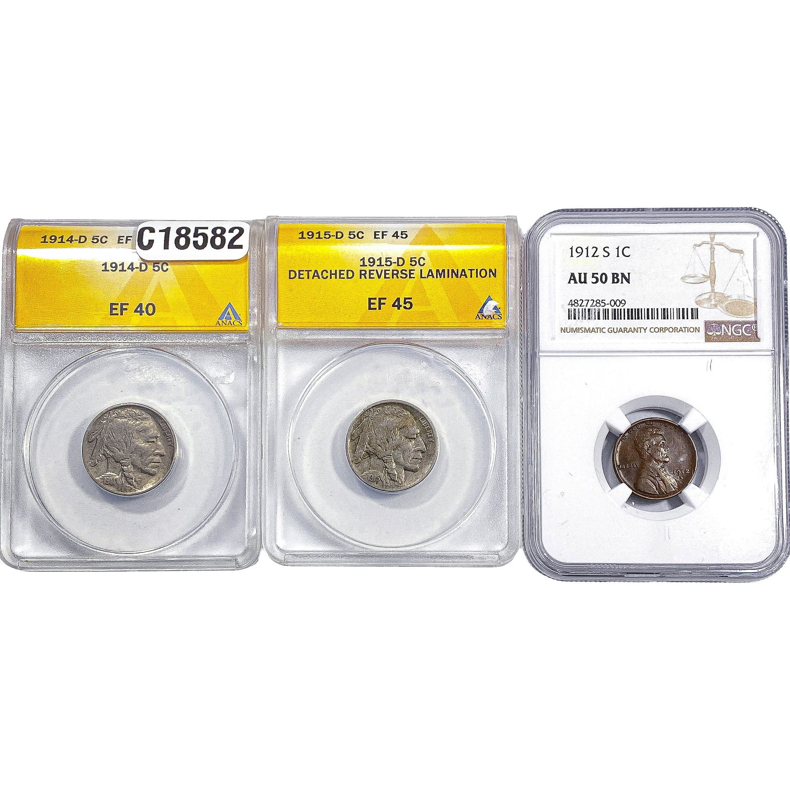 [3 Coins] 1912-1915 Wheat 1C & Buffalo 5Cs ANACS/NGC EF/AU40-50: [3 Coins] 1912-1915 Wheat 1C & Buffalo 5Cs ANACS/NGC EF/AU40-50