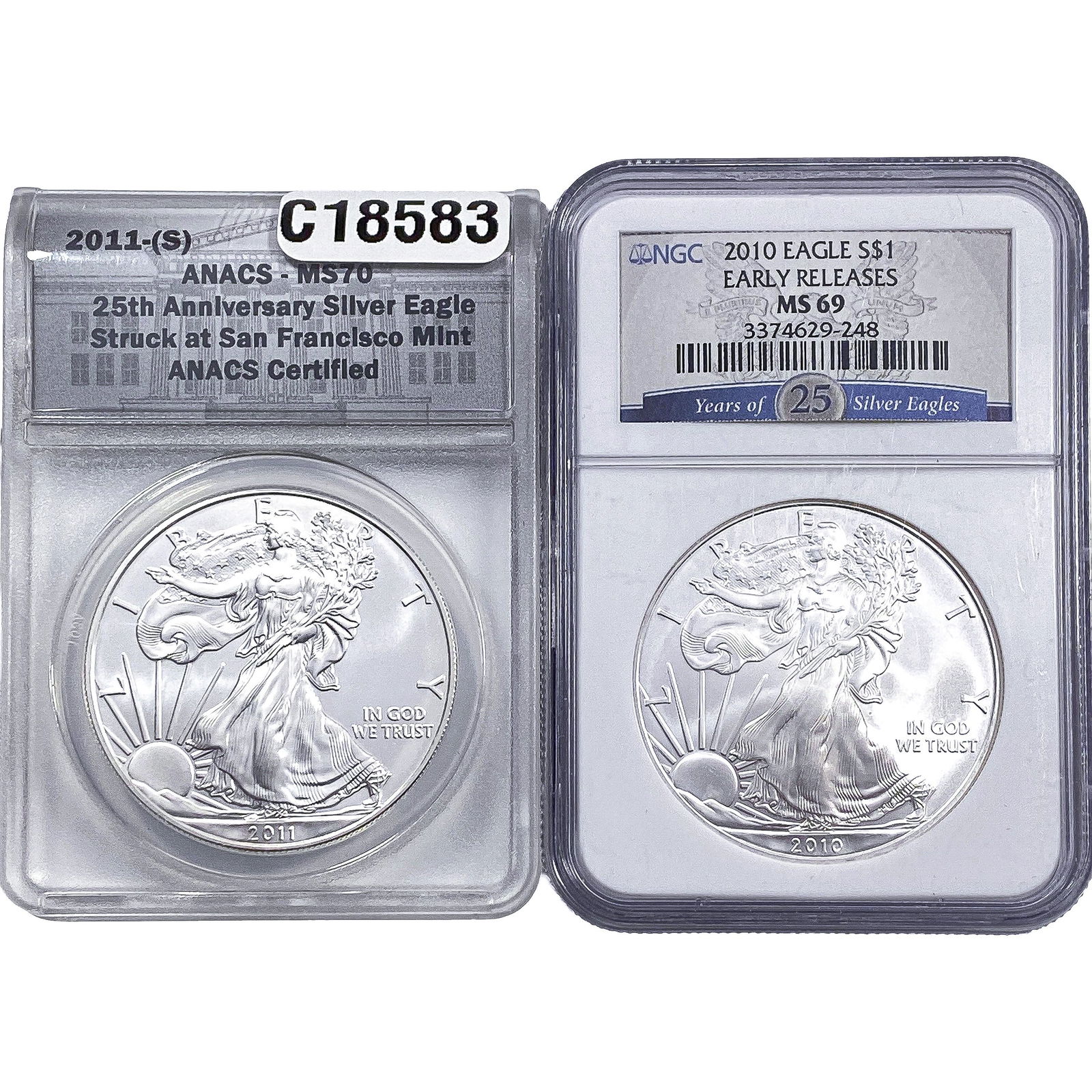 [2 Coins] 2010-2011 Silver Eagle ANACS/NGC MS69-70 (1 of 2)