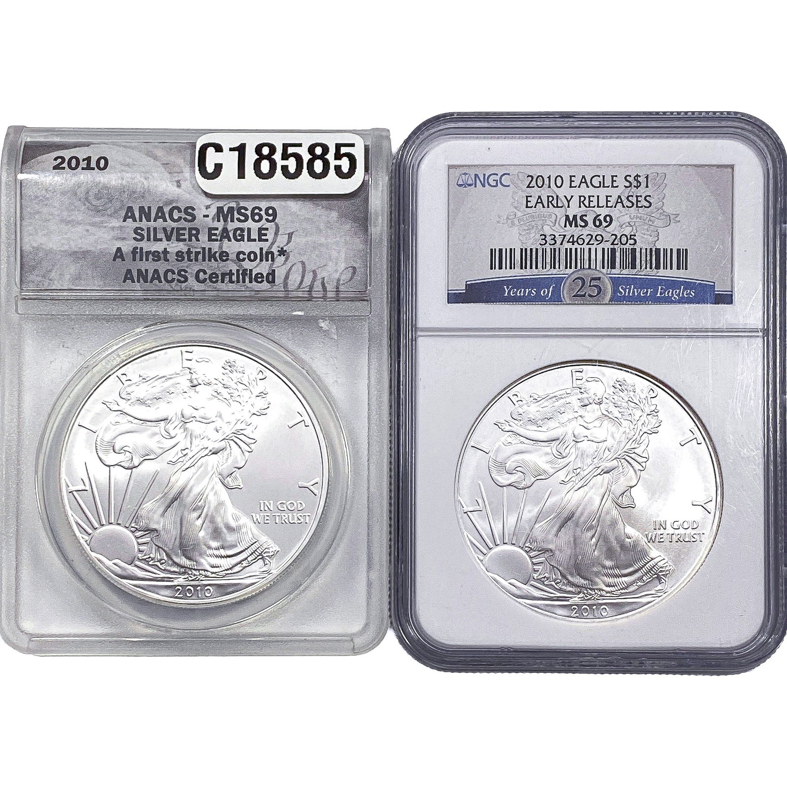 [2 Coins] 2010 Silver Eagle ANACS/NGC MS69 (1 of 2)