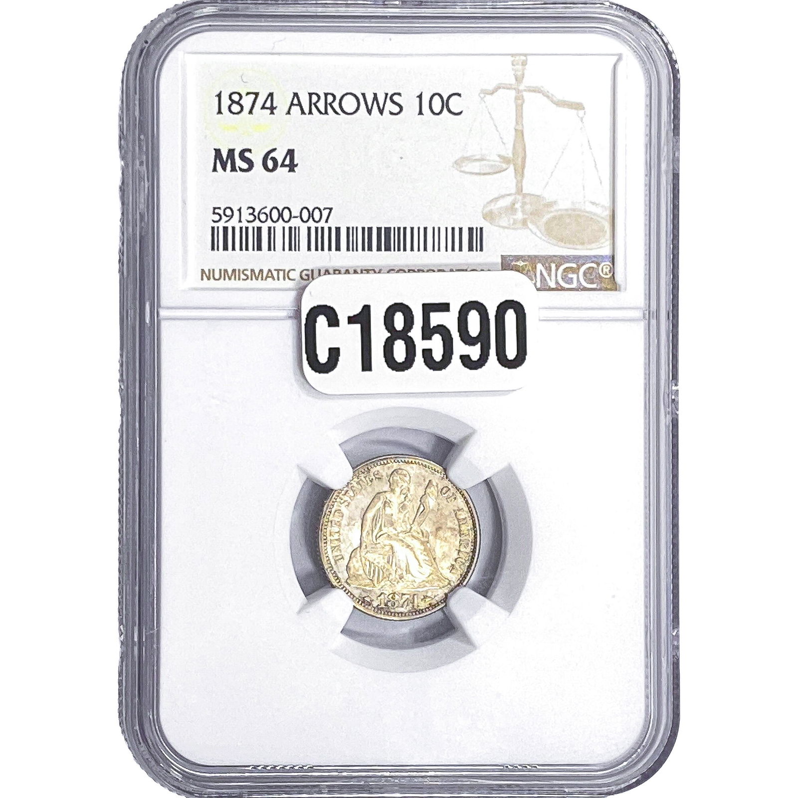 1874 Arr. Seated Liberty Dime NGC MS64: 1874 Arr. Seated Liberty Dime NGC MS64