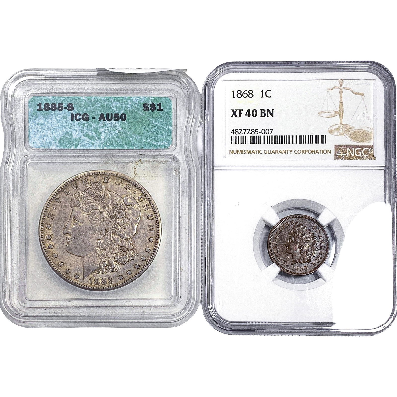 [2 Coins] 1868-1885 Morgan $1 & Indian Head 1C ICG/NGC XF/AU40-50: [2 Coins] 1868-1885 Morgan $1 & Indian Head 1C ICG/NGC XF/AU40-50