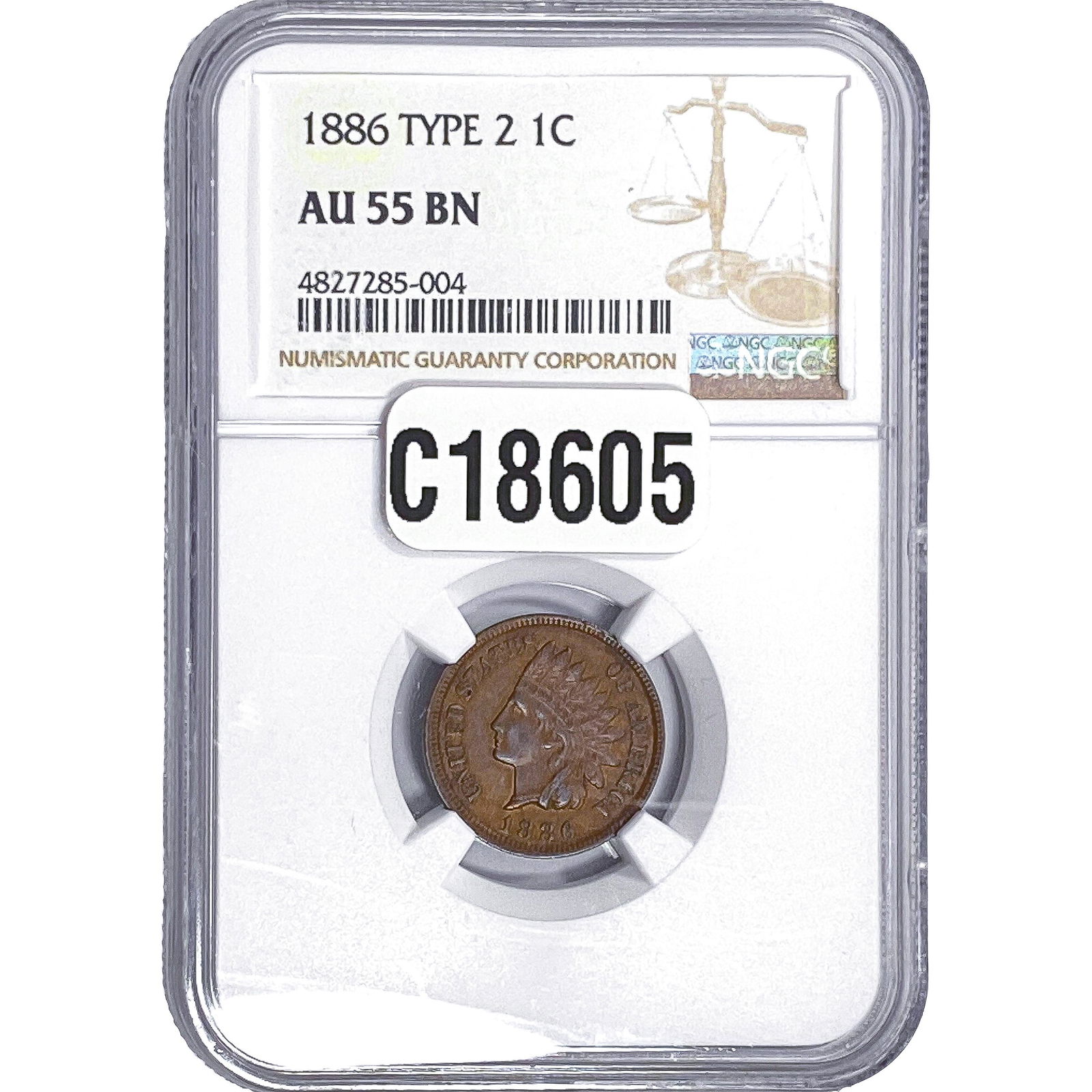 1886 Indian Head Cent NGC AU55 BN: 1886 Indian Head Cent NGC AU55 BN