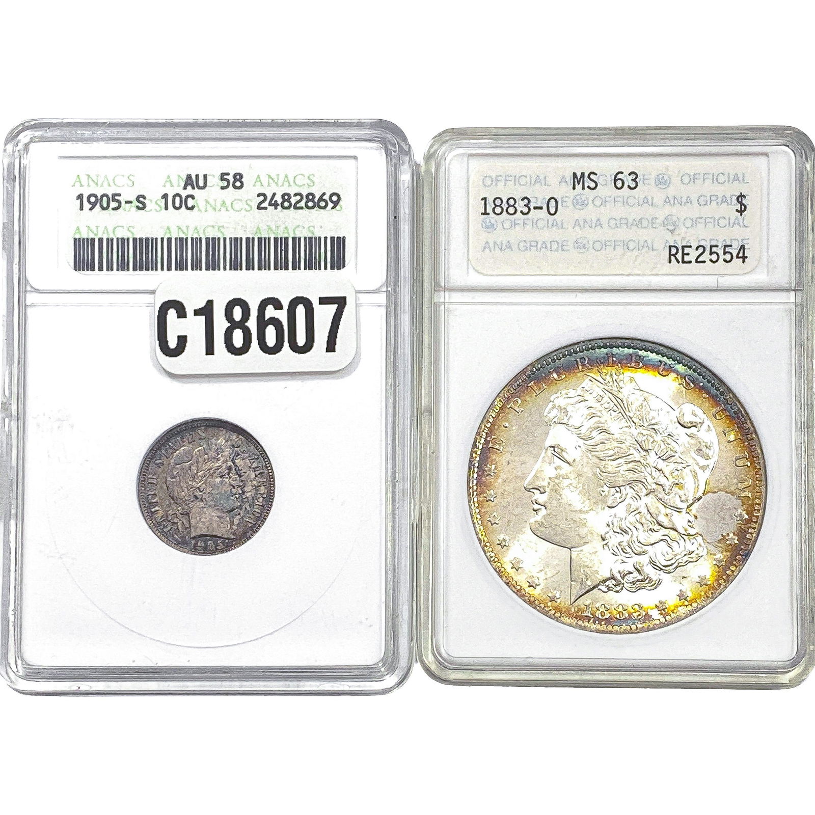 [2 Coins] 1883-1905 Morgan $1 & Barber 10C ANACS AU/MS58-63 (1 of 2)