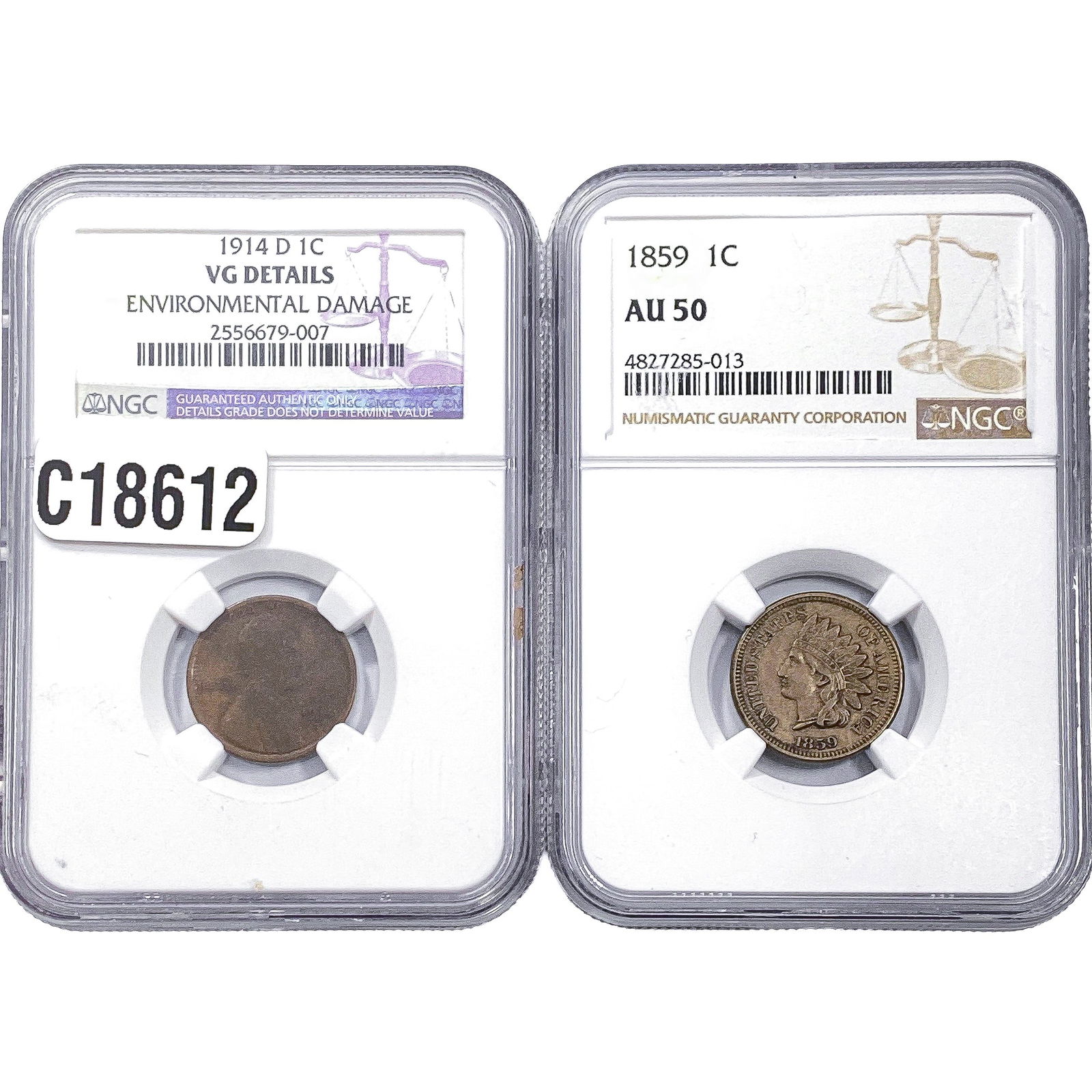 [2 Coins] 1859-1914 Indian Head & Wheat 1C NGC VG/AU50 (1 of 2)