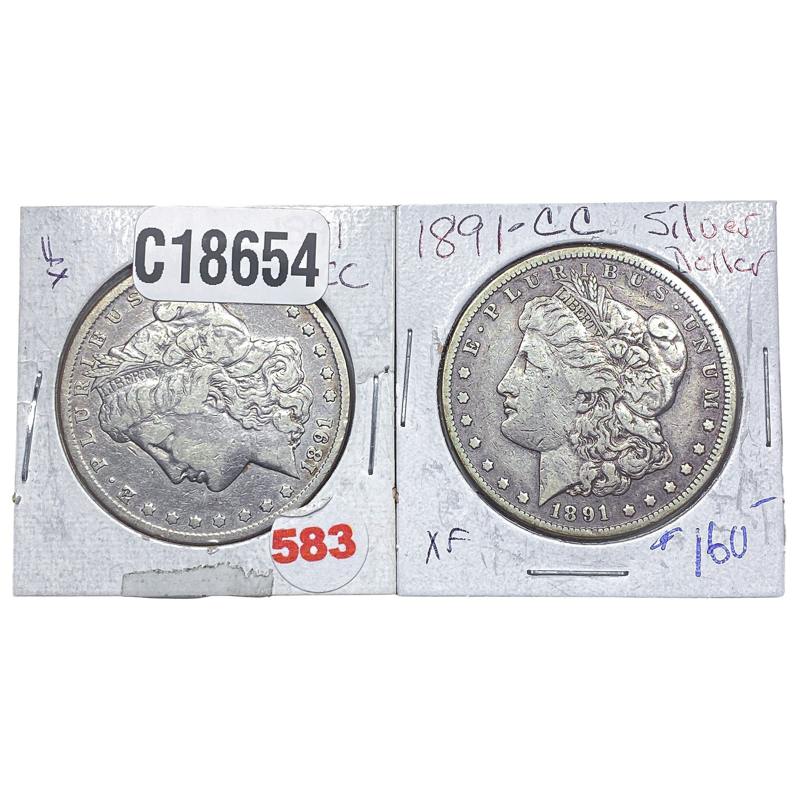 [2 Coins] 1891-CC Morgan Silver Dollar: [2 Coins] 1891-CC Morgan Silver Dollar