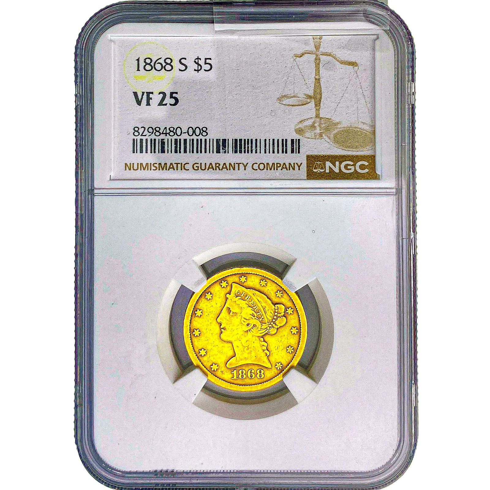 1868-S $5 Gold Half Eagle NHC VF25 (1 of 2)