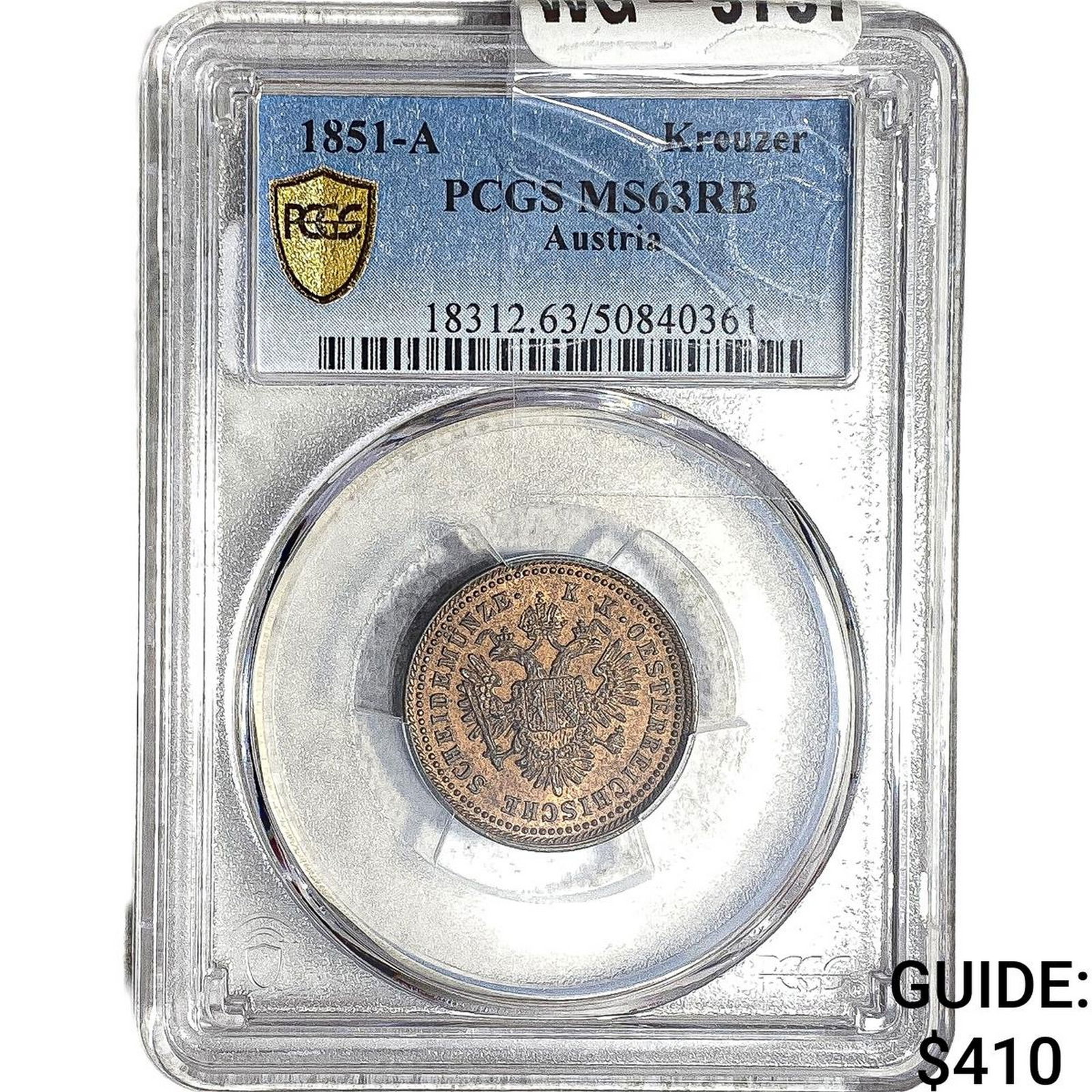 1851-A Austria Copper 1 Kreuzer PCGS MS63 RB: 1851-A Austria Copper 1 Kreuzer PCGS MS63 RB