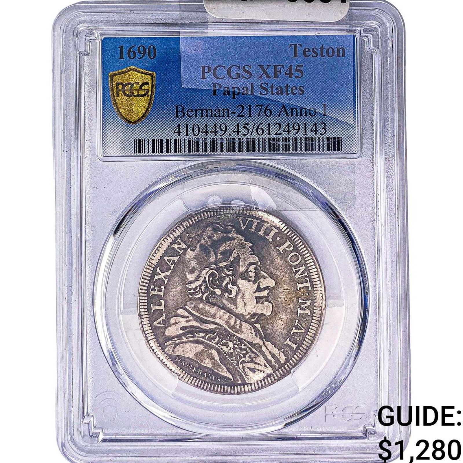 1690 Papal States Silver Teston PCGS XF45: 1690 Papal States Silver Teston PCGS XF45