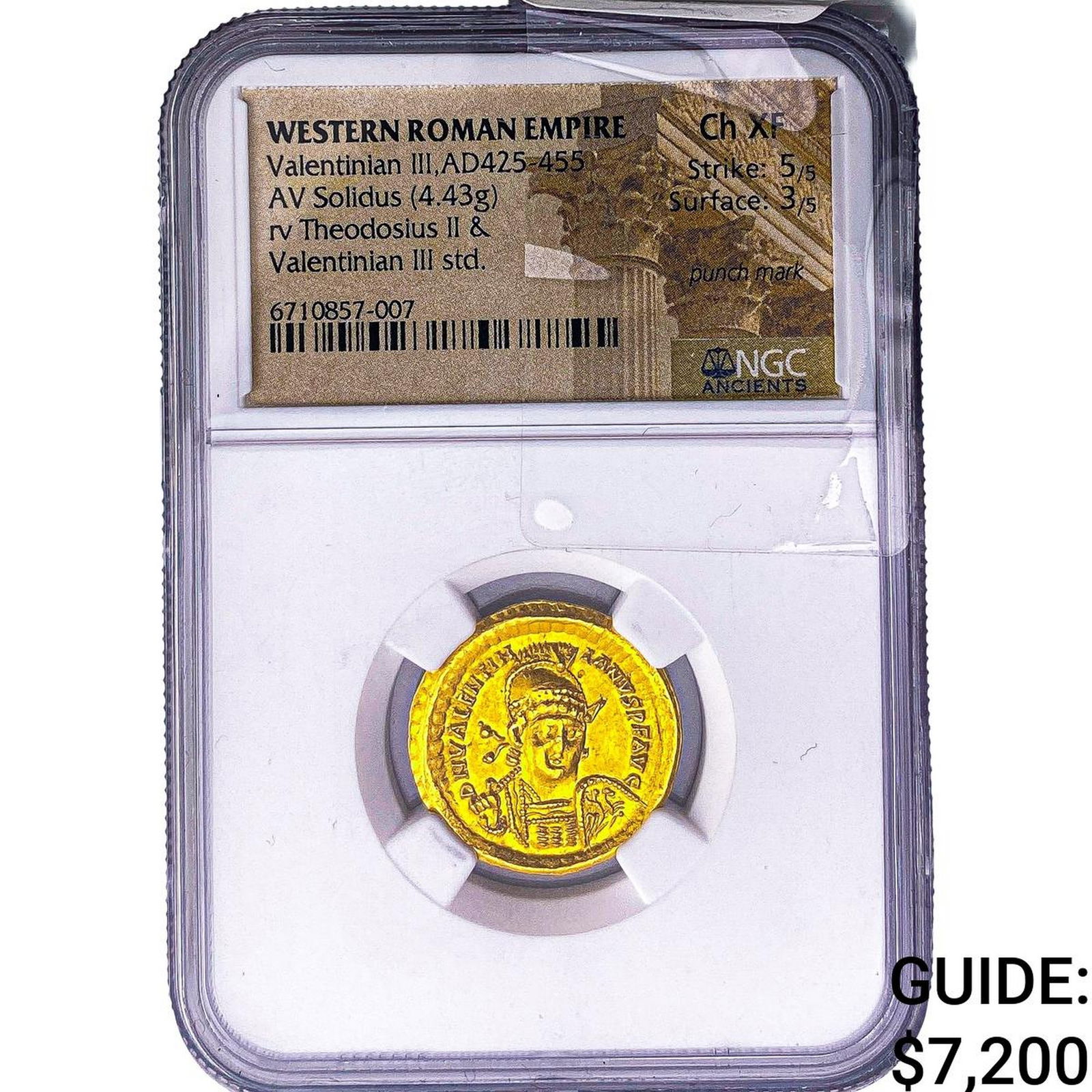 Western Roman Empire Valentinian III 425-455 AD Gold Solidus NGC XF Punch Mark: Western Roman Empire Valentinian III 425-455 AD Gold Solidus NGC XF Punch Mark