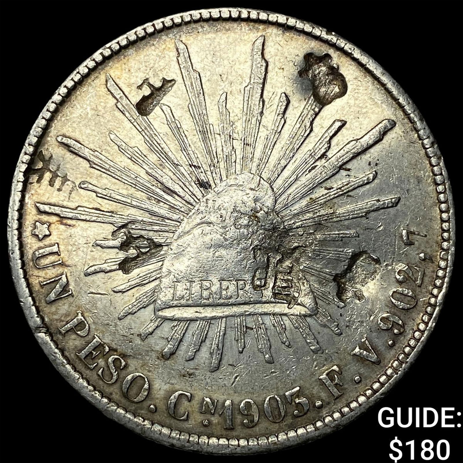 1905 Mexico Silver 1 Peso Punch Marked NEARLY UNCIRCULATED (1 of 2)