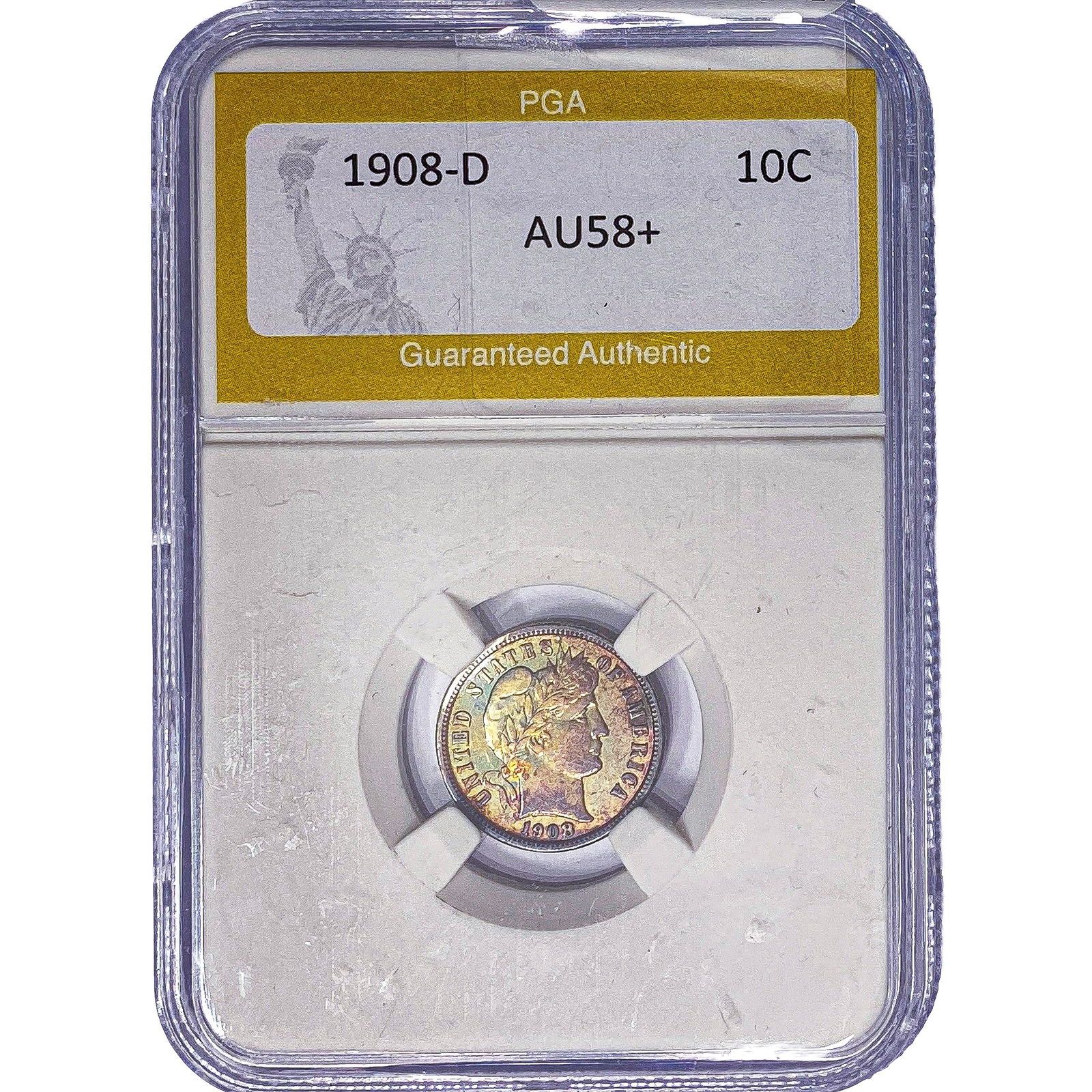 1908-D Barber Dime PGA AU58+: 1908-D Barber Dime PGA AU58+