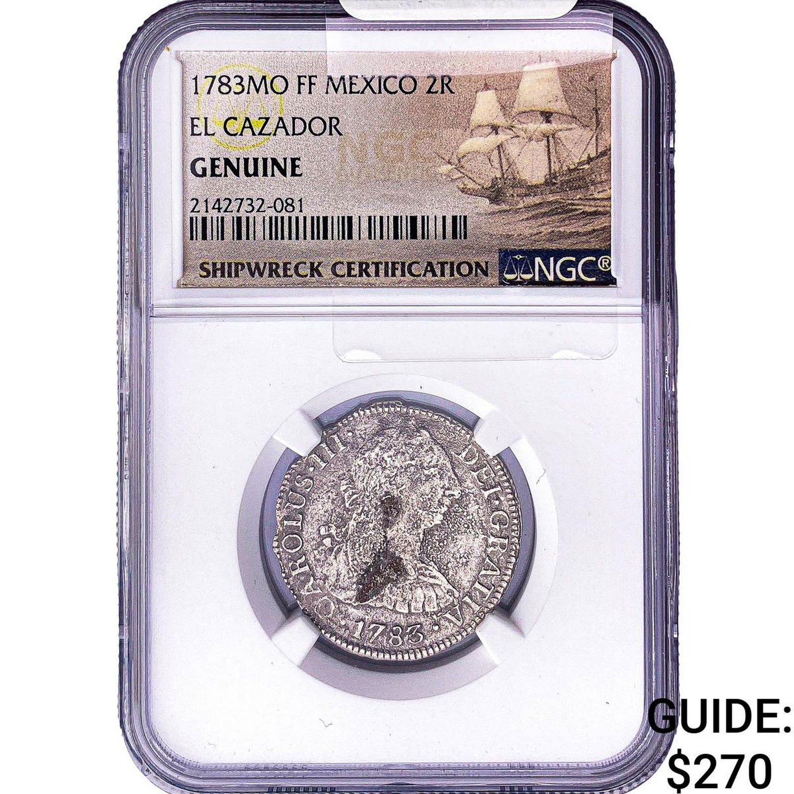 1783-Mo Colonial Spain Shipwreck El Cazador Silver 2 Reales NGC Genuine: 1783-Mo Colonial Spain Shipwreck El Cazador Silver 2 Reales NGC Genuine