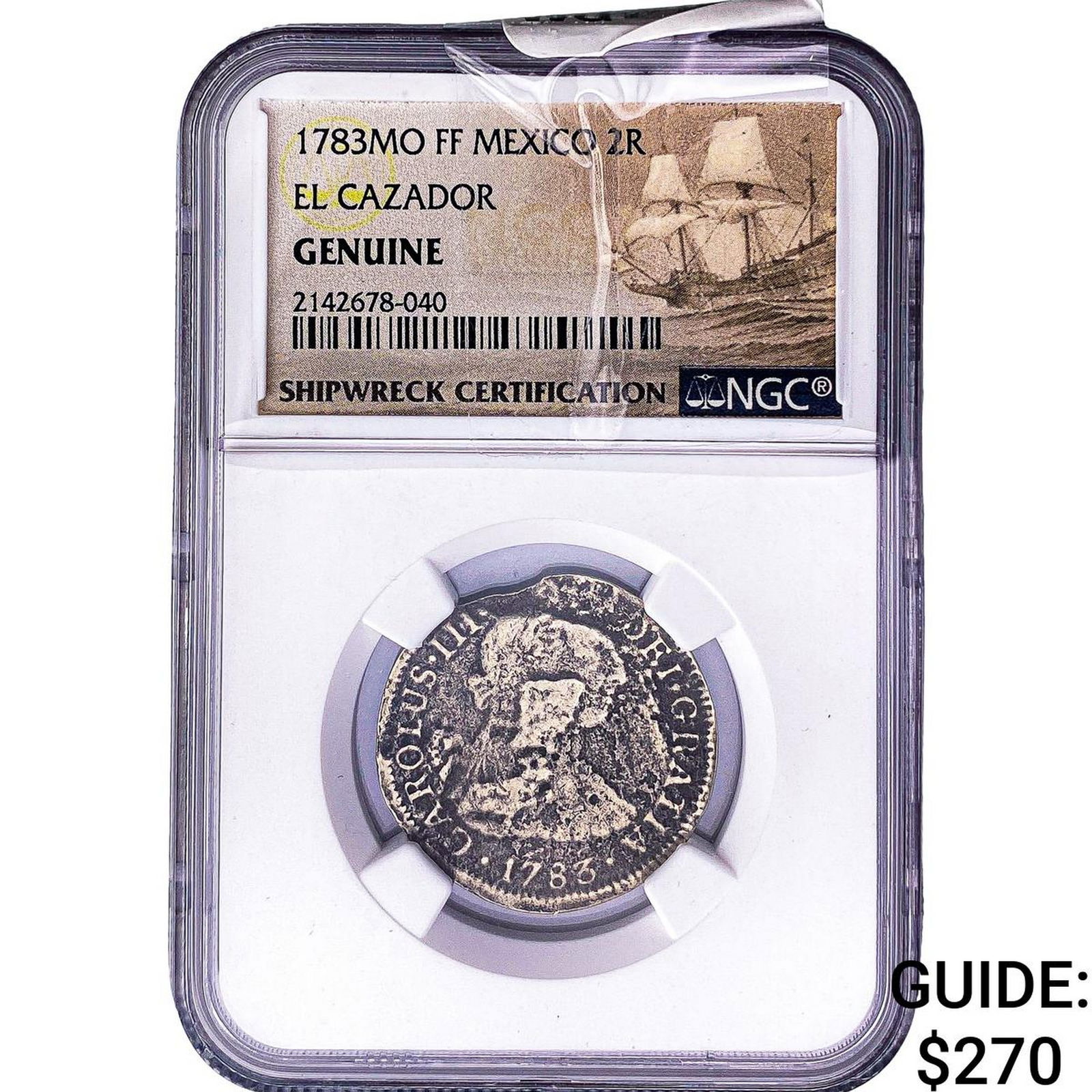 1783-Mo Colonial Spain Shipwreck El Cazador Silver 2 Reales NGC Genuine: 1783-Mo Colonial Spain Shipwreck El Cazador Silver 2 Reales NGC Genuine