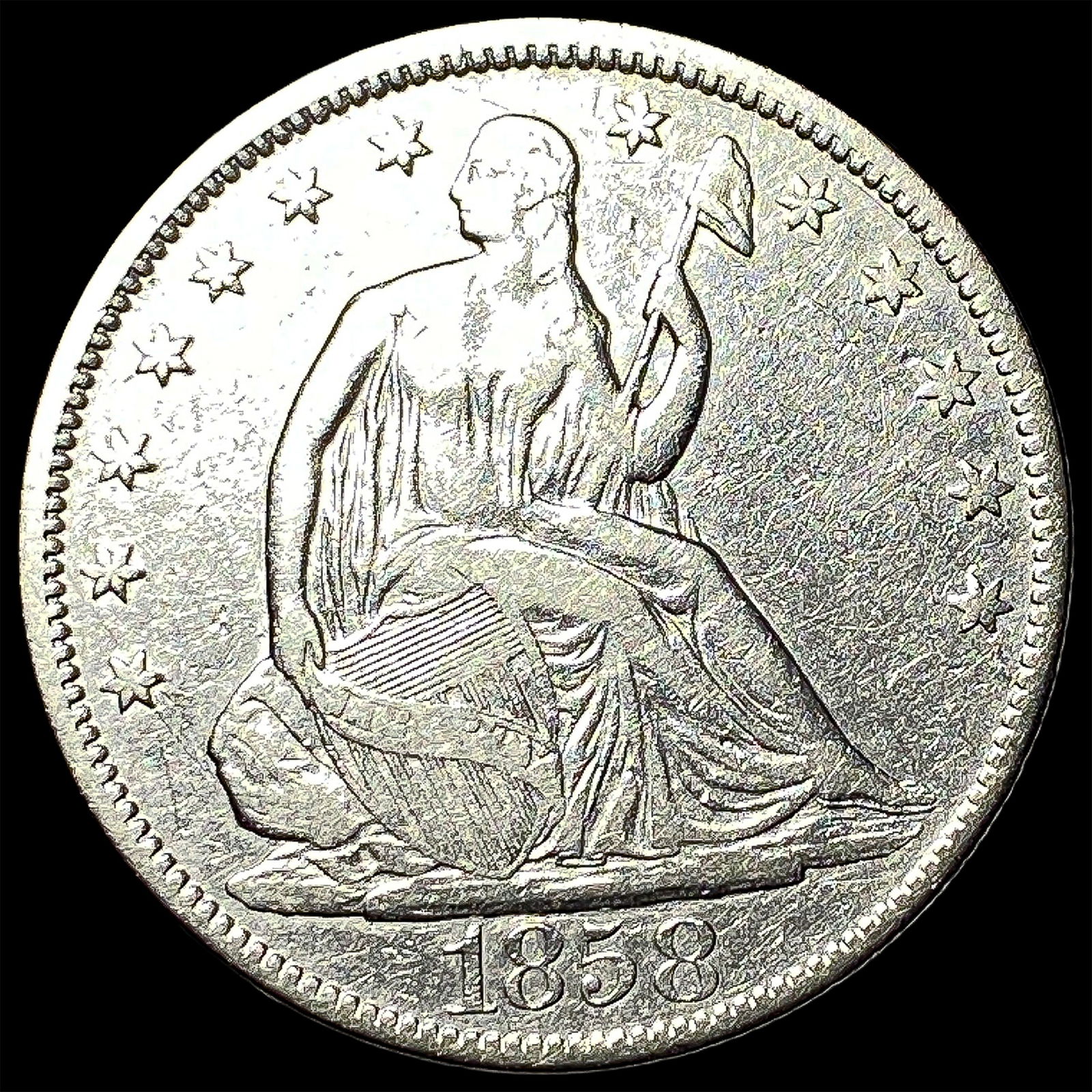1858 Silver Half Dollar (Seated Liberty) ABOUT UNCIRCULATED (1 of 2)