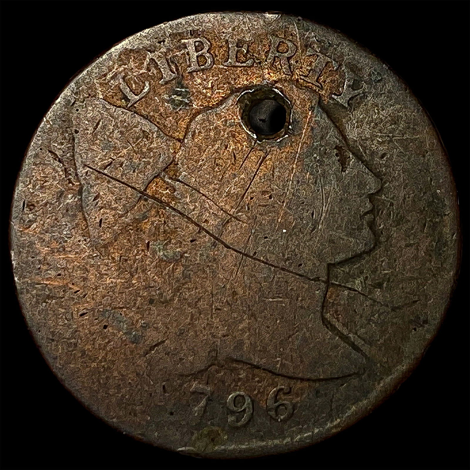 1796 Draped Bust Large Cent (holed). NICELY CIRCULATED: 1796 Draped Bust Large Cent (holed). NICELY CIRCULATED