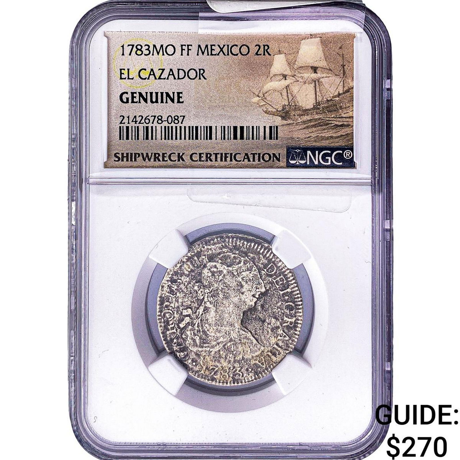 1783-Mo Colonial Spain Shipwreck El Cazador Silver 2 Reales NGC Genuine: 1783-Mo Colonial Spain Shipwreck El Cazador Silver 2 Reales NGC Genuine