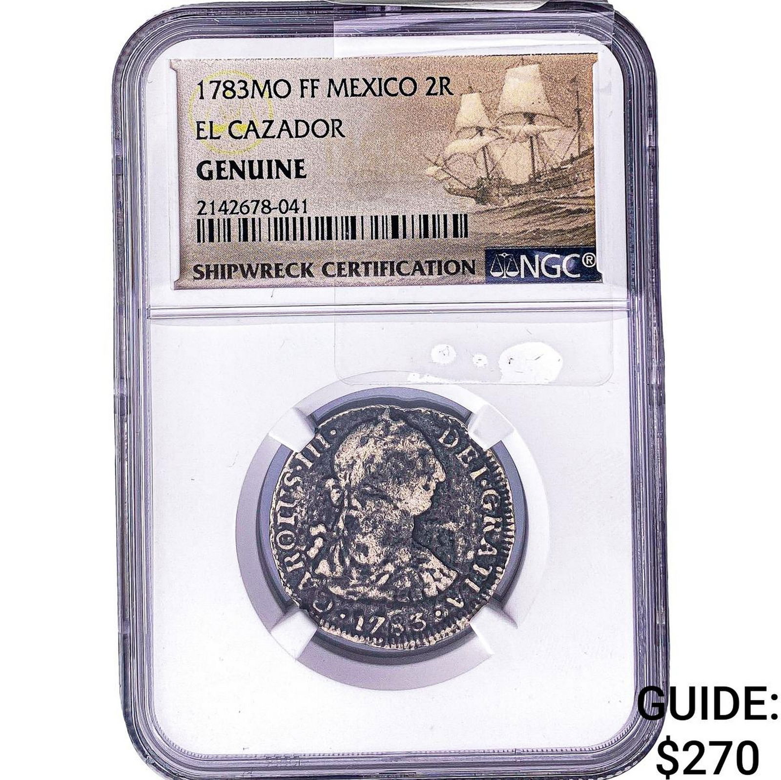 1783-Mo Colonial Spain Shipwreck El Cazador Silver 2 Reales NGC Genuine: 1783-Mo Colonial Spain Shipwreck El Cazador Silver 2 Reales NGC Genuine