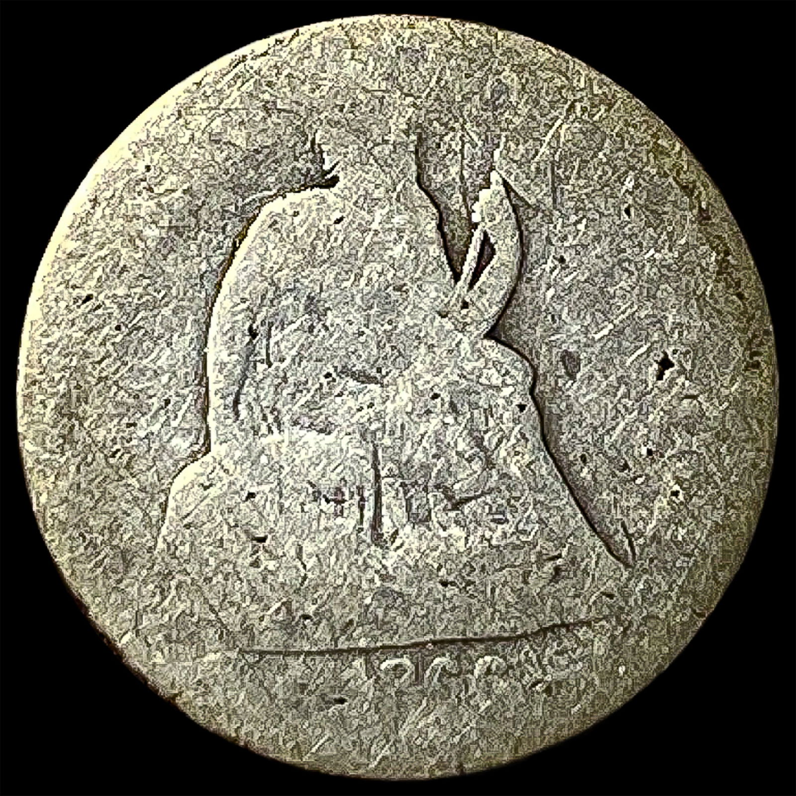 The coin is a heavily worn 1840s-1850s U.S. Seated Liberty Dime. NICELY CIRCULATED: The coin is a heavily worn 1840s-1850s U.S. Seated Liberty Dime. NICELY CIRCULATED