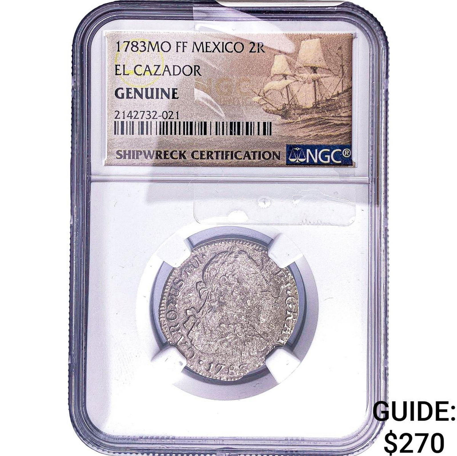 1783-Mo Colonial Spain Shipwreck El Cazador Silver 2 Reales NGC Genuine: 1783-Mo Colonial Spain Shipwreck El Cazador Silver 2 Reales NGC Genuine