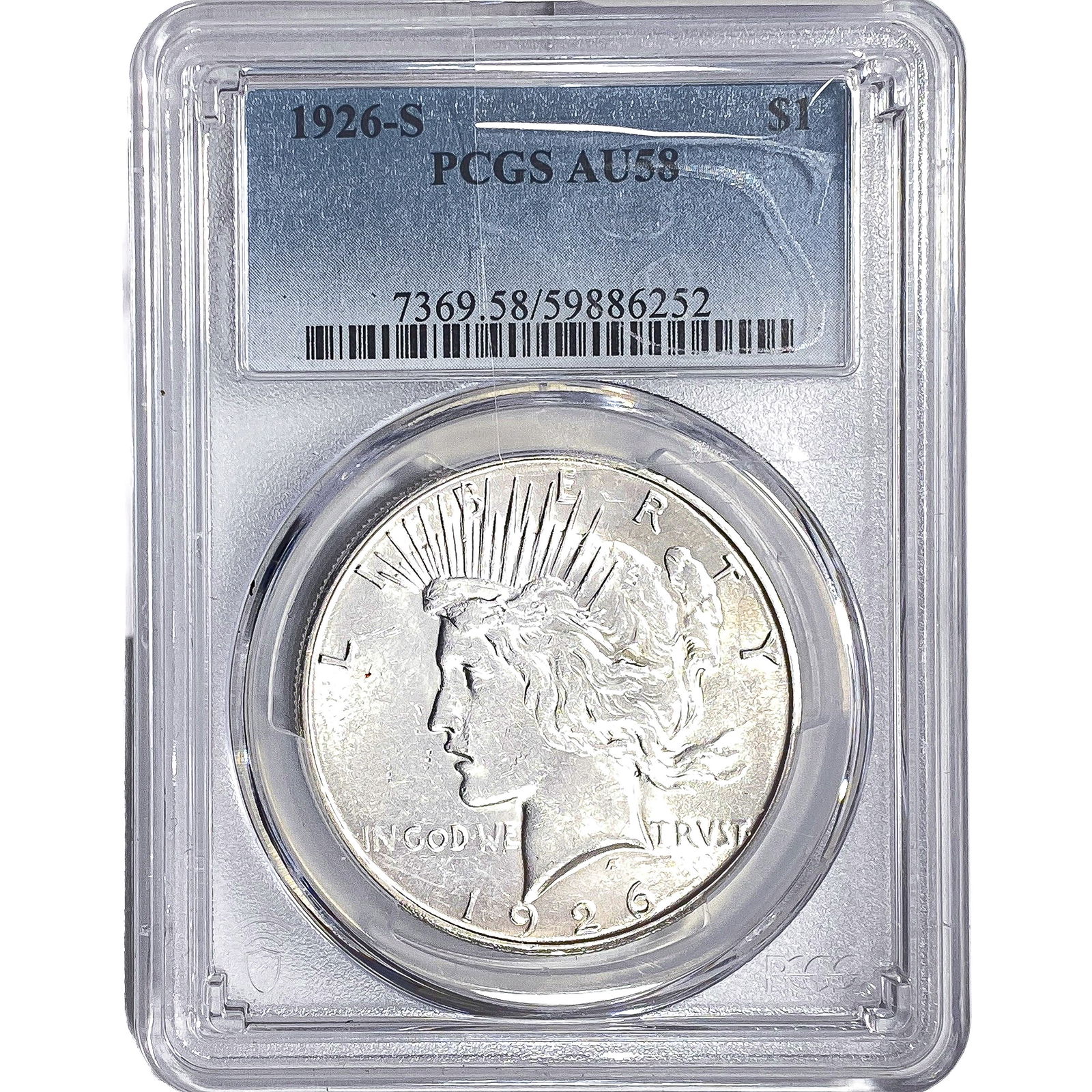 1926-S Silver Peace Dollar PCGS AU58: 1926-S Silver Peace Dollar PCGS AU58