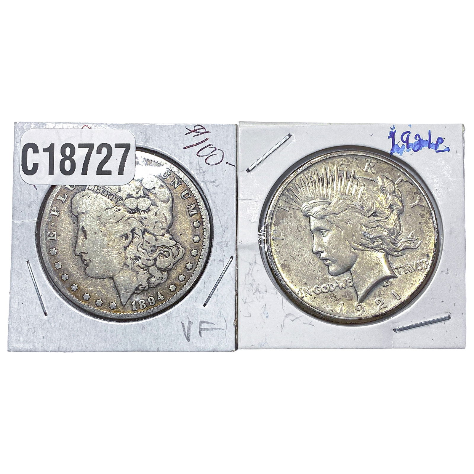 [2 Coins] 1894-1921 Morgan $1 & Peace $1: [2 Coins] 1894-1921 Morgan $1 & Peace $1