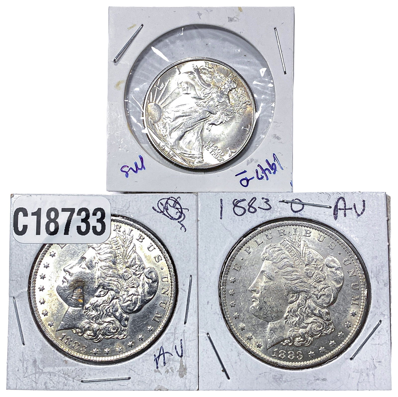 [3 Coins] 1883-1947 Morgan $1s & Walking Lib. 50C: [3 Coins] 1883-1947 Morgan $1s & Walking Lib. 50C
