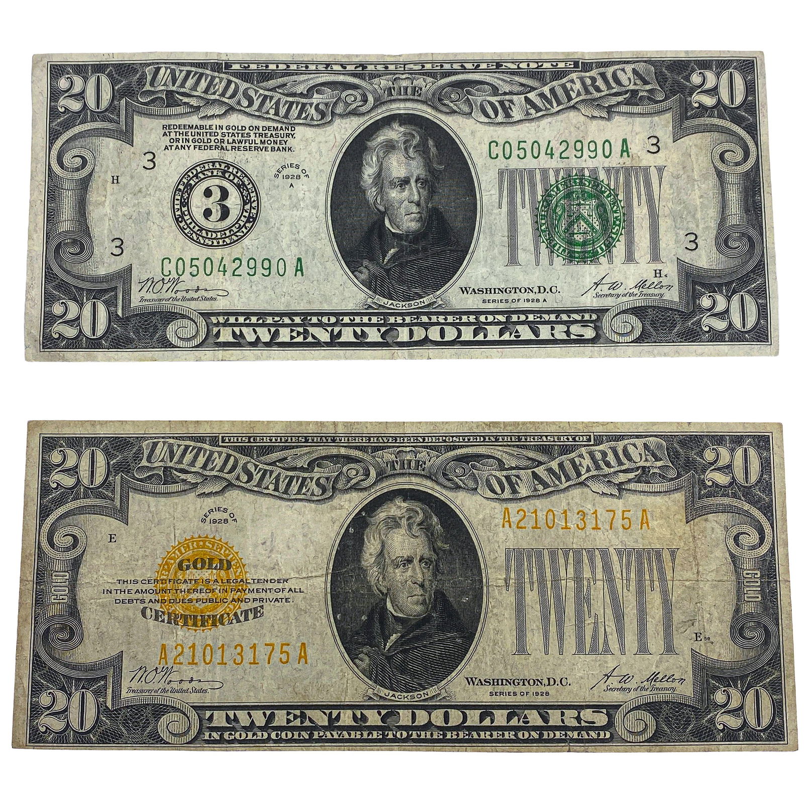 [2] 1928 $20 Gold Certificate Note & $20 Green Seal Note: [2] 1928 $20 Gold Certificate Note & $20 Green Seal Note
