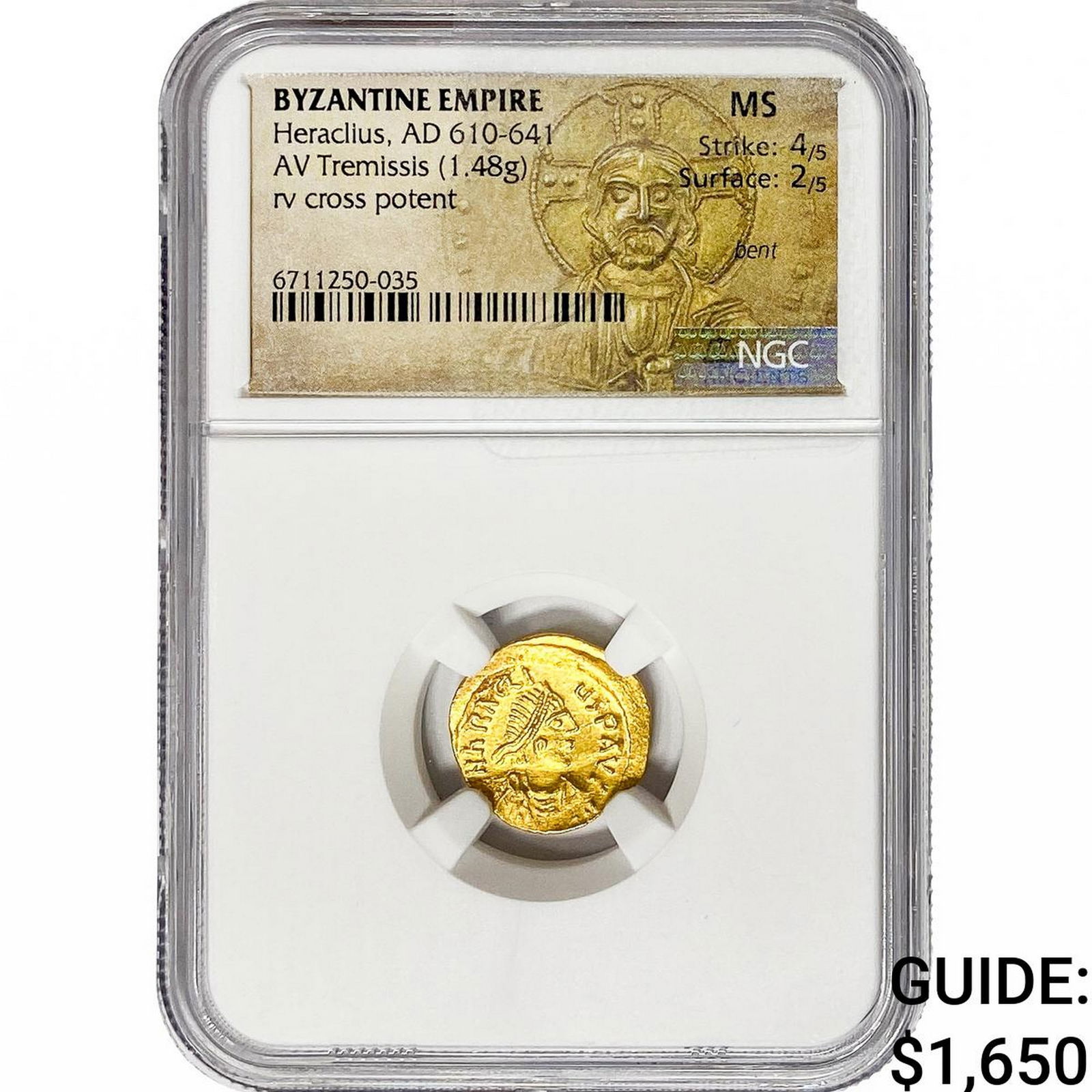 Byzantine Heraclius 610-641 Gold Tremissis 1.48G NGC MS: Byzantine Heraclius 610-641 Gold Tremissis 1.48G NGC MS