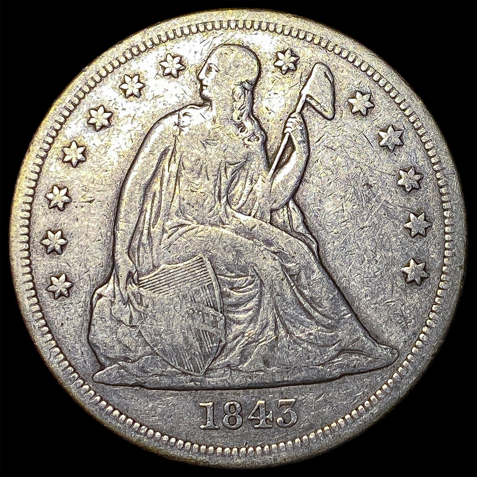 1843 Silver Seated Liberty Dollar ABOUT UNCIRCULATED (1 of 2)