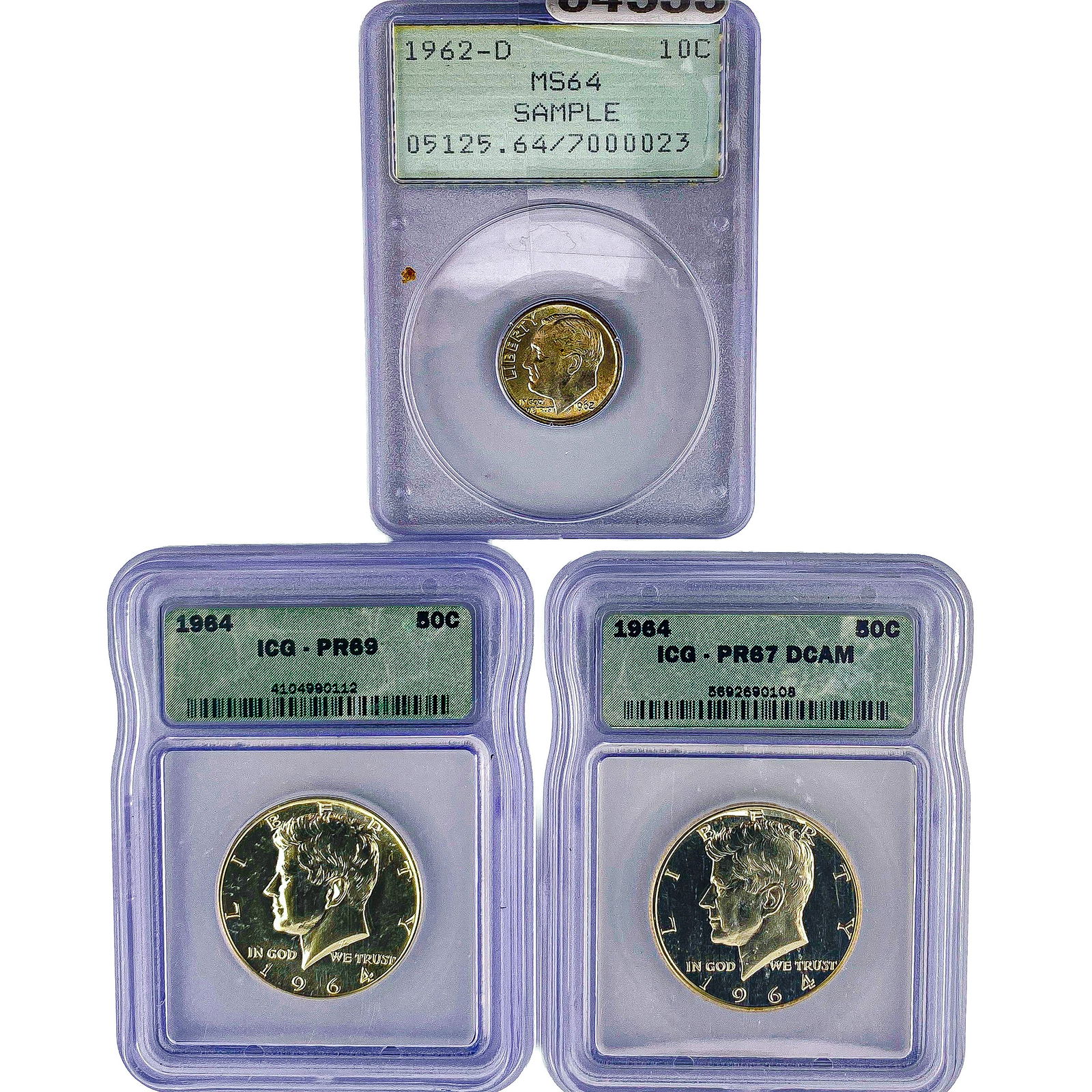 [3 Coins] 1962-D,1964 10C Roosevelt, 50c Kennedy PCGS MS,PR64,69,67 DCAM (1 of 2)