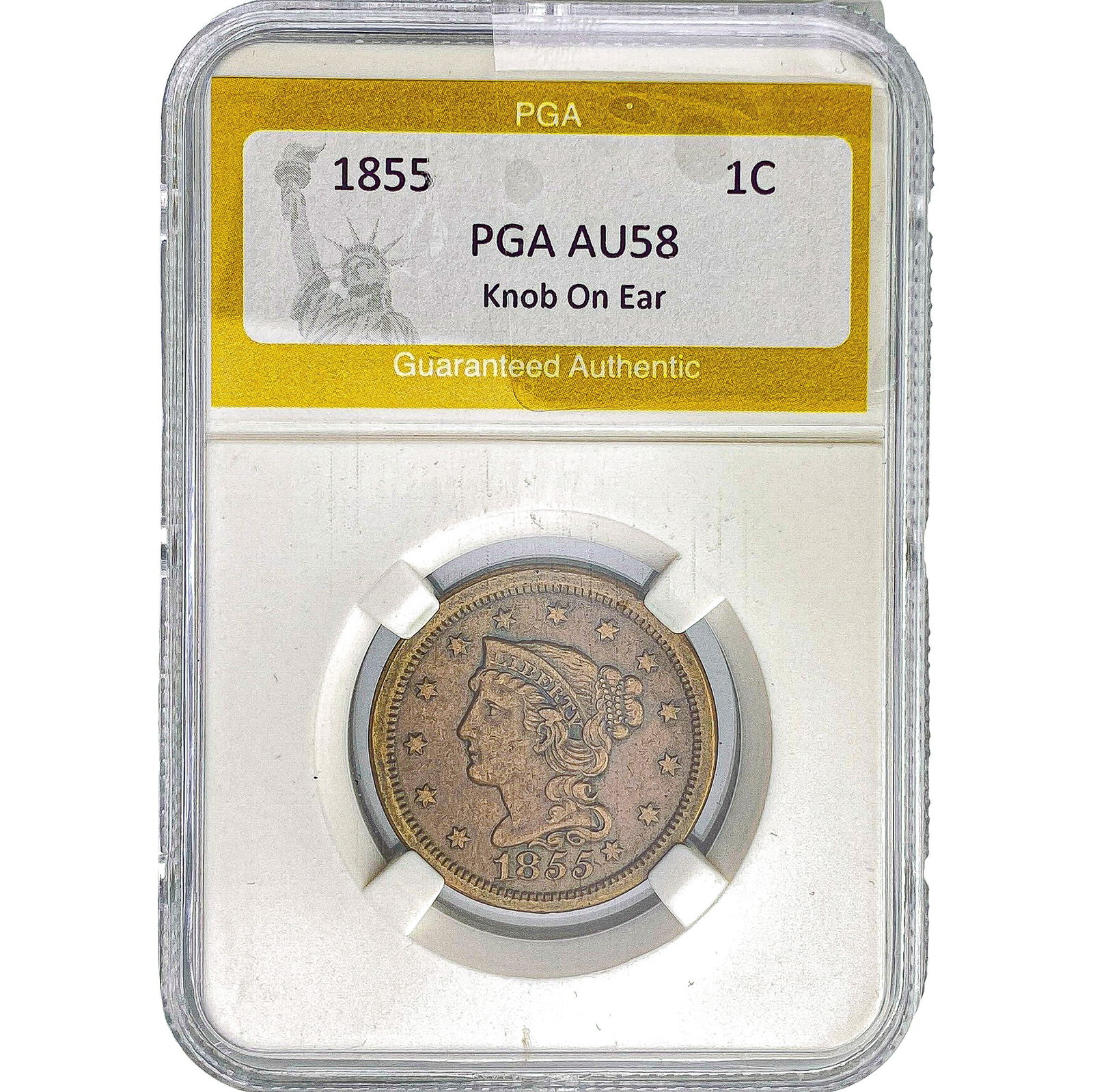 1855 Braided Hair Large Cent PGA AU58 Knob On Ear: 1855 Braided Hair Large Cent PGA AU58 Knob On Ear