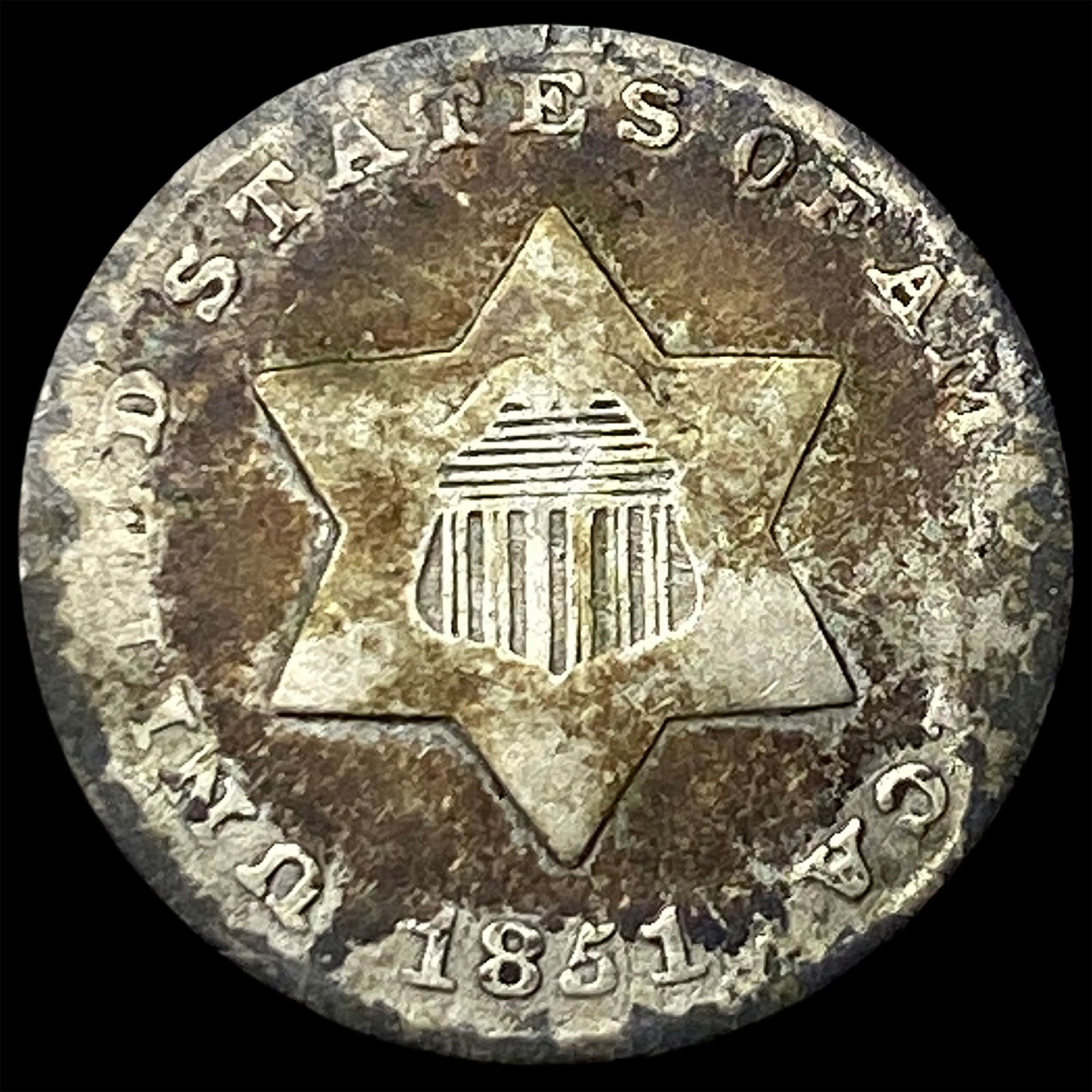 1851 Silver Three-Cent Piece ABOUT UNCIRCULATED: 1851 Silver Three-Cent Piece ABOUT UNCIRCULATED