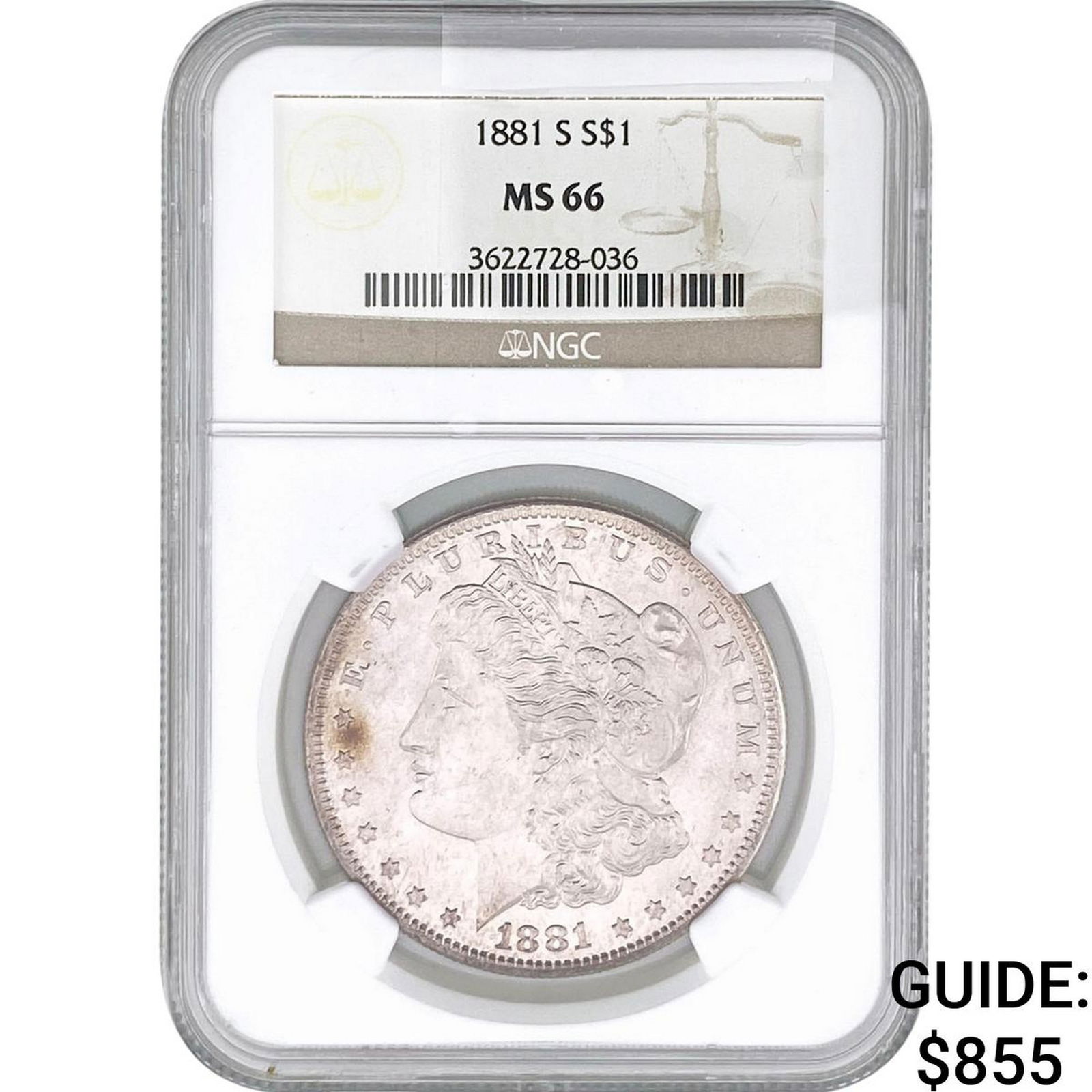 1881-S Morgan Silver Dollar NGC MS66: 1881-S Morgan Silver Dollar NGC MS66