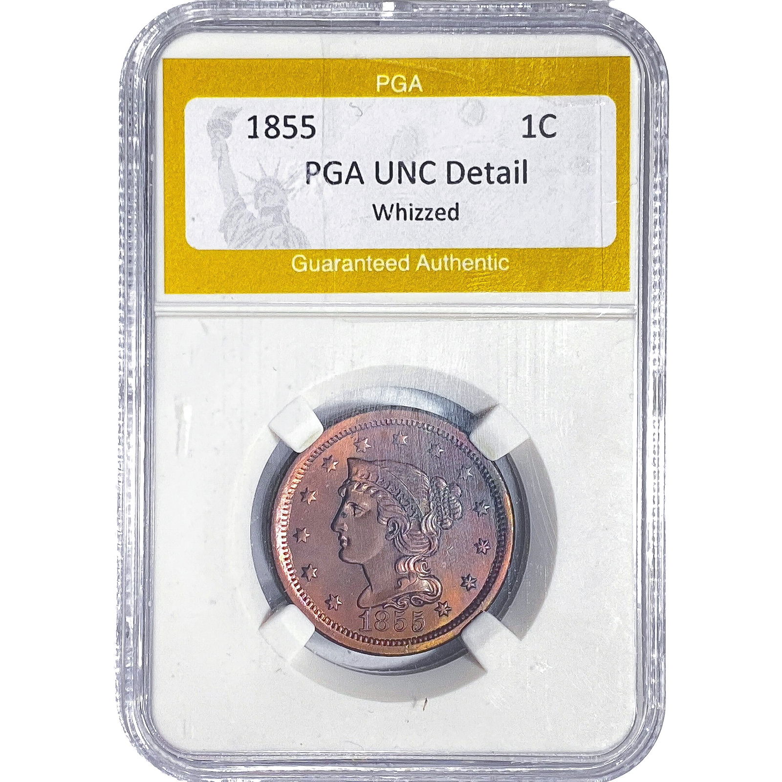 1855 Braided Hair Large Cent PGA UNC Detail Whizzed: 1855 Braided Hair Large Cent PGA UNC Detail Whizzed