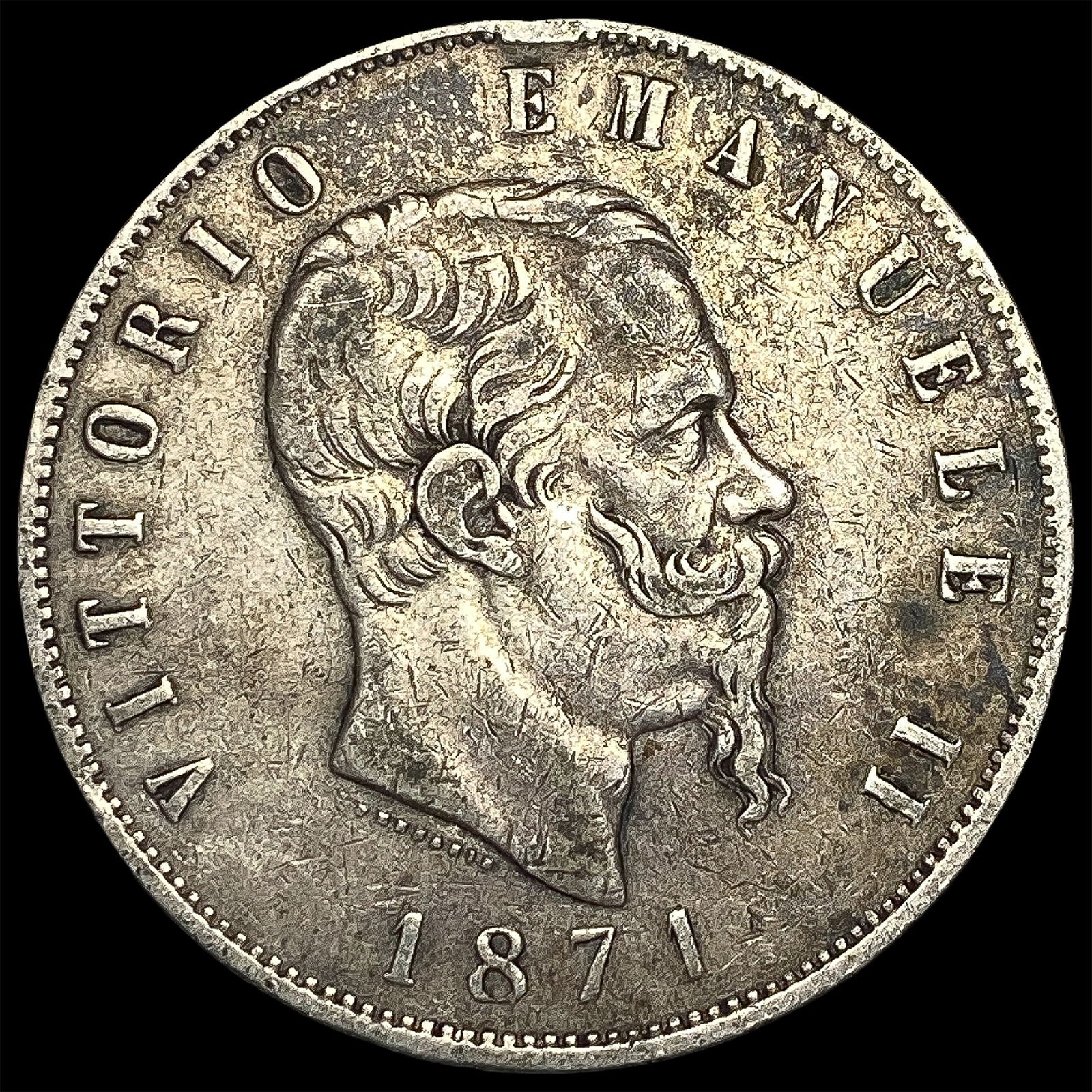 1871-M Italy Silver 5 Lire Vittorio Emanuele II ABOUT UNCIRCULATED (1 of 2)