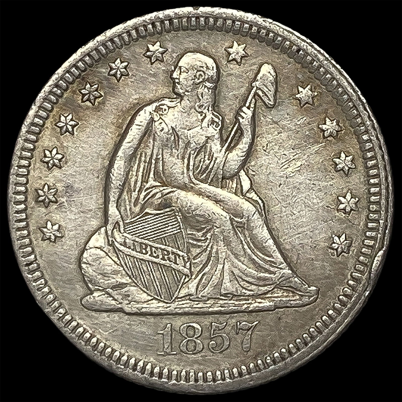 1857 Seated Liberty Silver Quarter NEARLY UNCIRCULATED (1 of 2)